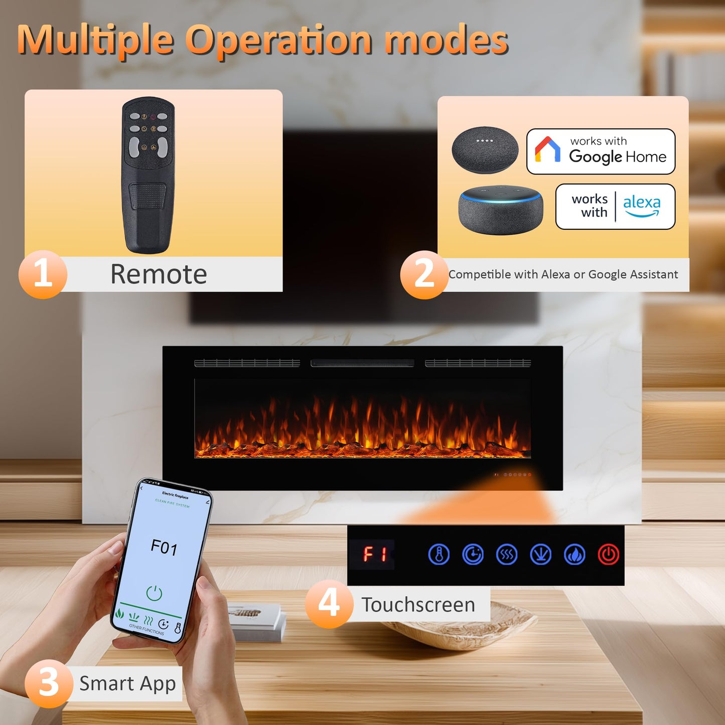 Dreamflame Electric Fireplace 40 inch Wide 26.5" High, Wall-Mounted & Recessed Fireplace Inserts, Multicolor Flame w/5 Dimmer, Remote Control Thermostat, Timer, Hardwire Connect, 1500W,Black