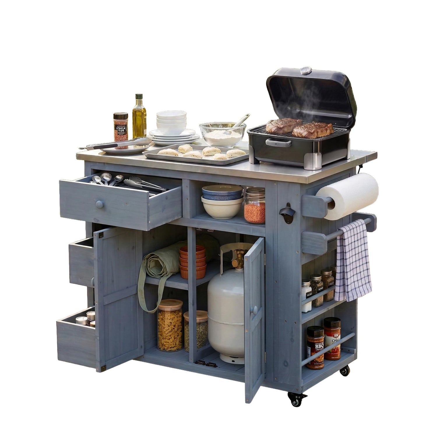 GDFStudio Winford Patio Kitchen Island Cart with Extendable Top, Wooden Outdoor Storage Cabinet with Stainless Steel BBQ Prep Table Top, Drawers, Spice Rack and Lockable Wheels, Potting Bench, Gray
