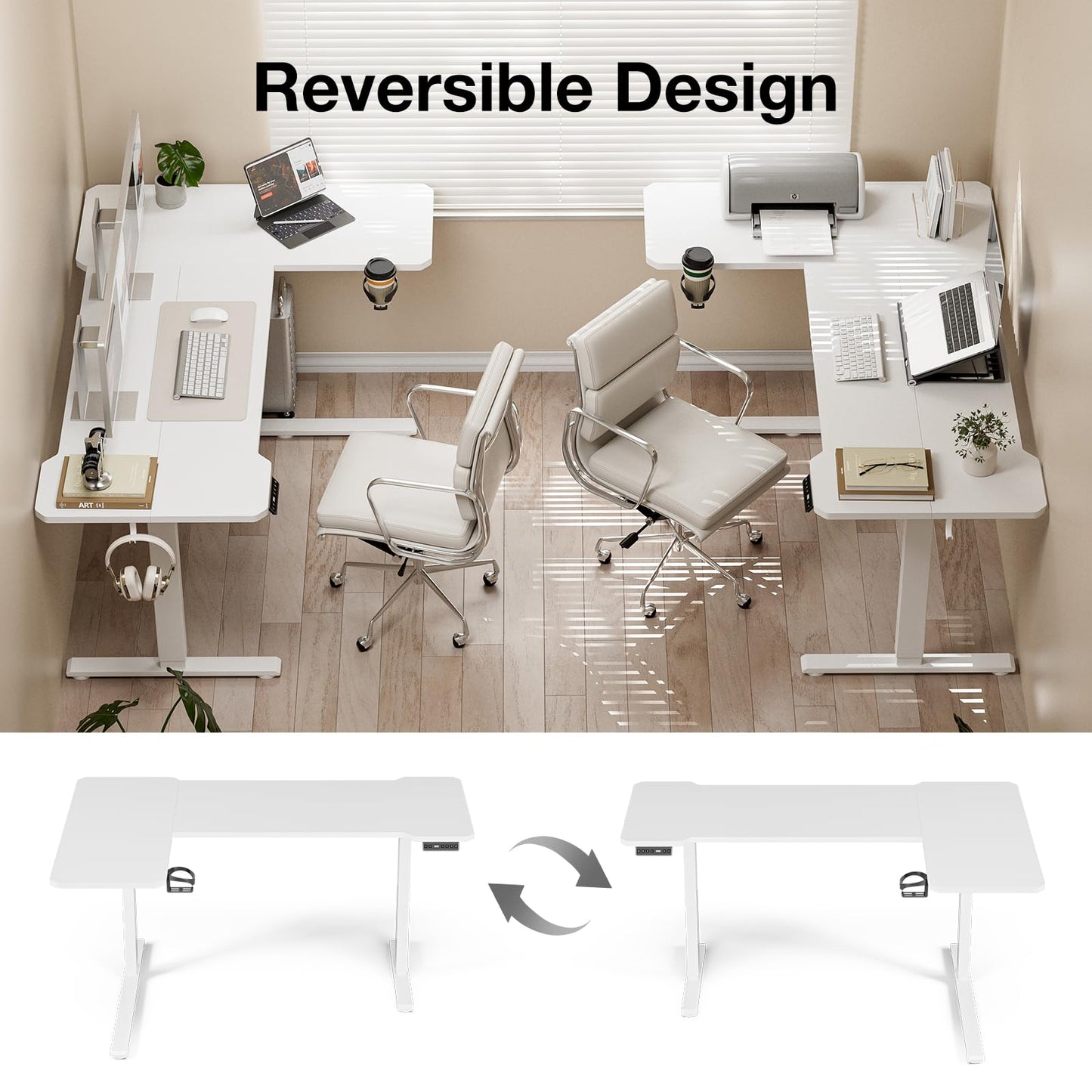 Acrolix L Shaped Electric Standing Desk - 59x40 Inch Reversible Corner Sit Stand Desk with Hook&Cup Holder,Electric Height Adjustable Table,for Home Office Gaming Computer Desk, White