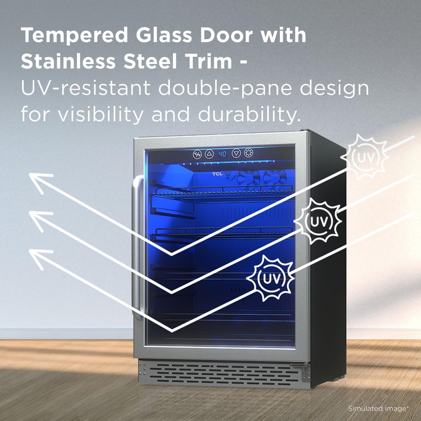 TCL 161 Can 24 In Beverage Cooler, Freestanding Mini Fridge with Glass Doors, Removable Shelves, Digital Controls & LED Lighting for Water, Soda, Energy Drinks