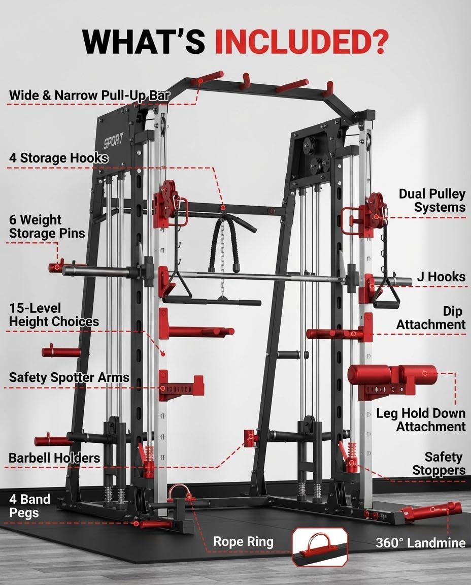 Smith Machine Home Gym, 2200LB Power Cage with Dual Pulley Cable Systems, LAT Pull-Down, Leg Hold-Down & 20+ Attachments for Full Body Workouts, Red