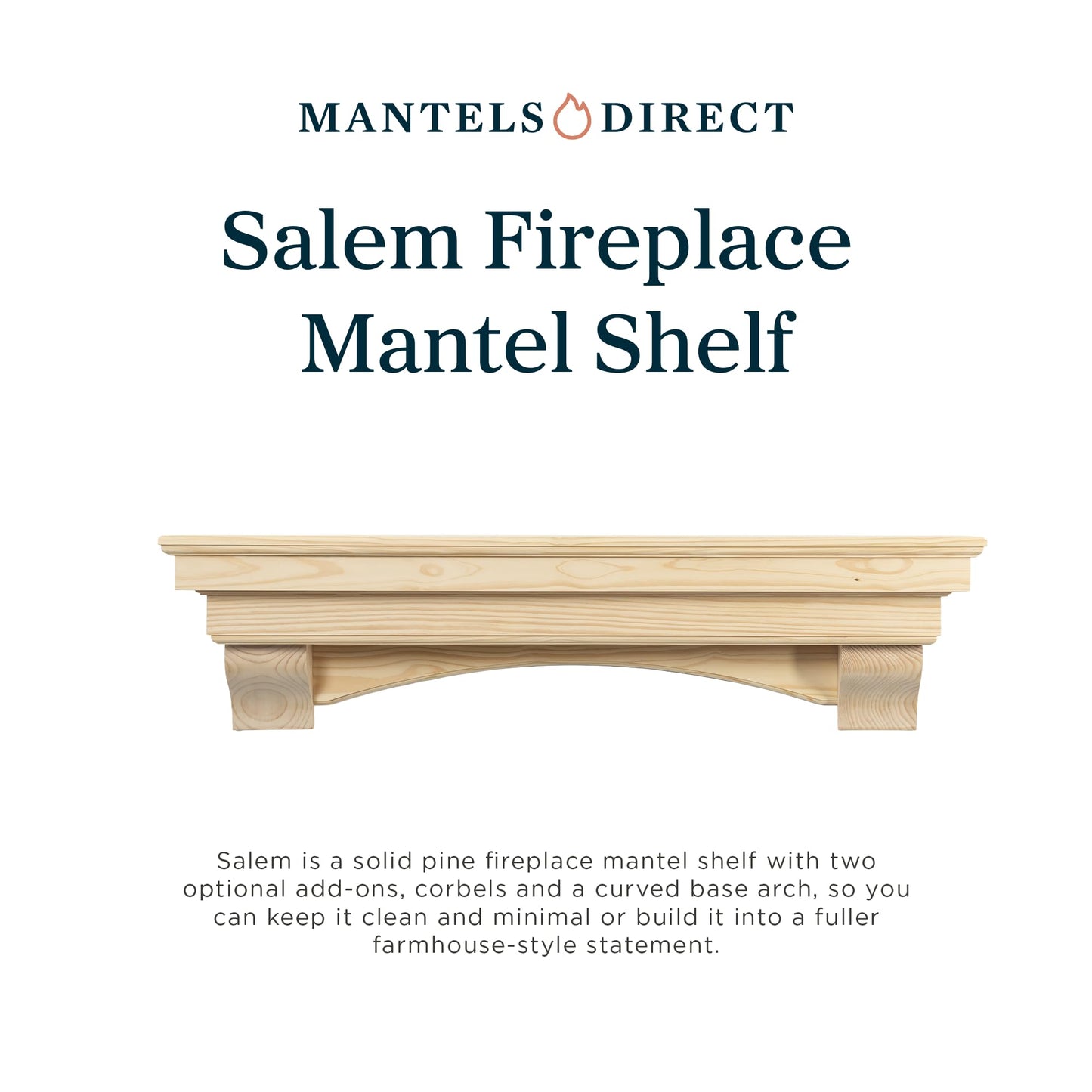 MANTELSDIRECT Salem Wood Mantel Shelf with Arched Corbels - Unfinished 60 Inch | Wooden Rustic Wall Mounted Shelf from Pine Wood - Perfect for Fireplaces, TVs & Décor
