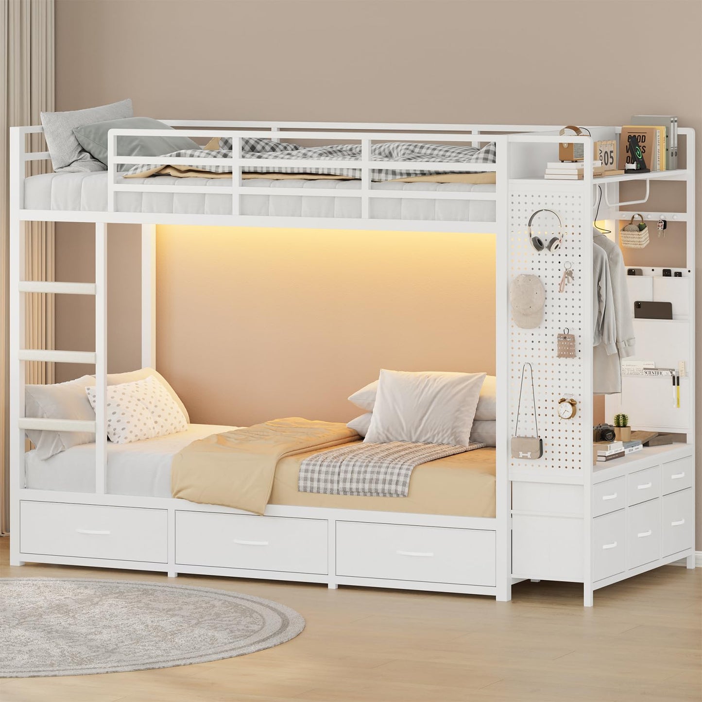 Bunk Bed Twin Over Twin with 9 Drawers & Hanging Rod, Low Loft Metal Bed with Charging Station & LED Lights, Sturdy Bed Frame with Pegboard & Storage, No Box Spring Needed, for Bedroom, White