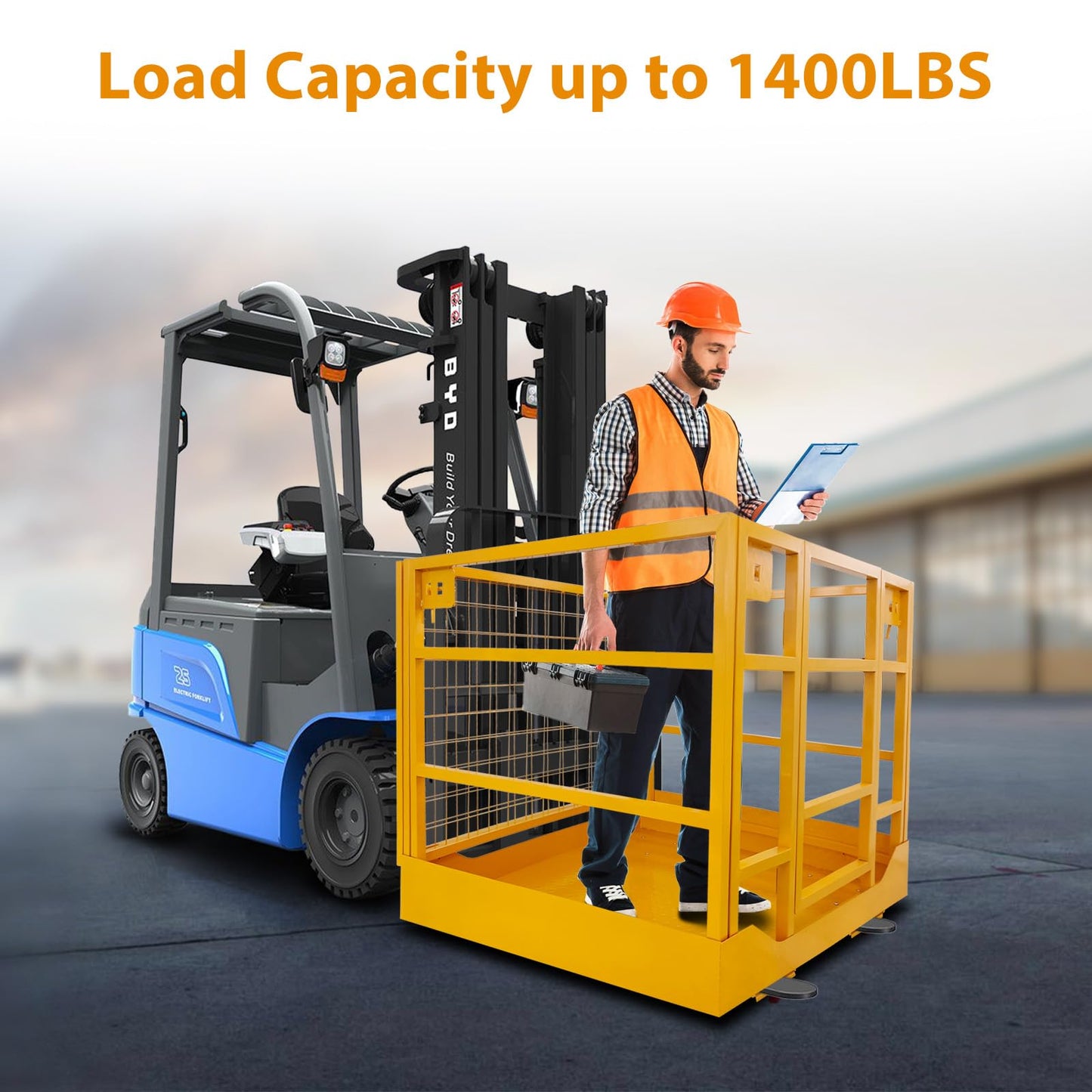 43" x 45" Forklift Safety Cage – 1,800 Lb Capacity Man Basket, 2-Person Collapsible Work Platform with Safety Harness & Lock for Loader, Aerial Lifts
