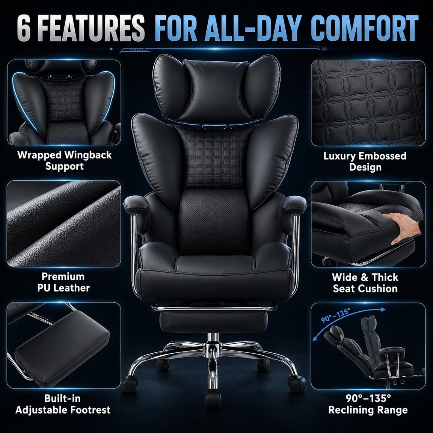 Big and Tall Office Chair 350 LBS, Scratch-Resistant PU Leather Executive Office Desk Chair with Footrest, Ergonomic Reclining Computer Chair with Pocket Spring Support for Home Office, Black
