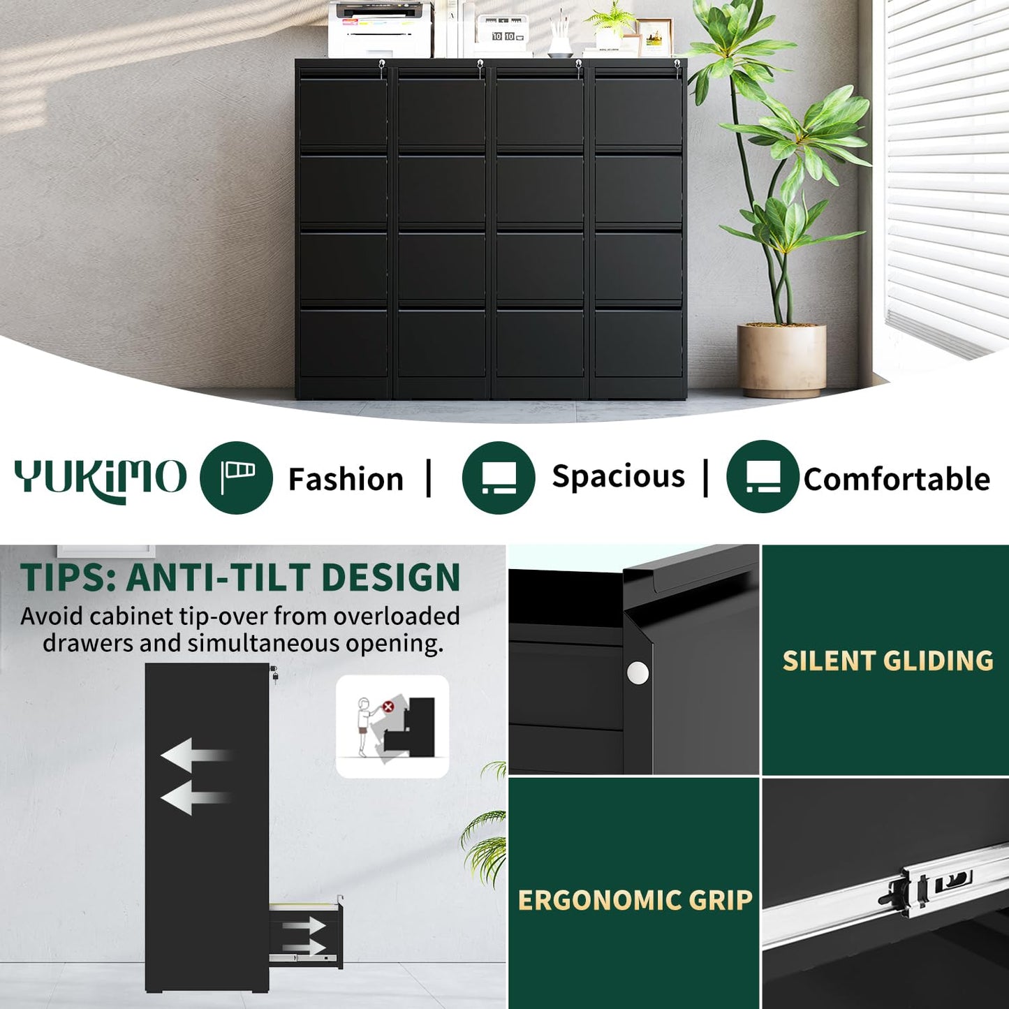 4 Drawer File Cabinet with Lock, Metal Vertical File Cabinets for Home Office, Office Furniture for Organization Hanging Legal/Letter/A4, Office File Cabinet Storage Cabinet, Require Assembly, Black