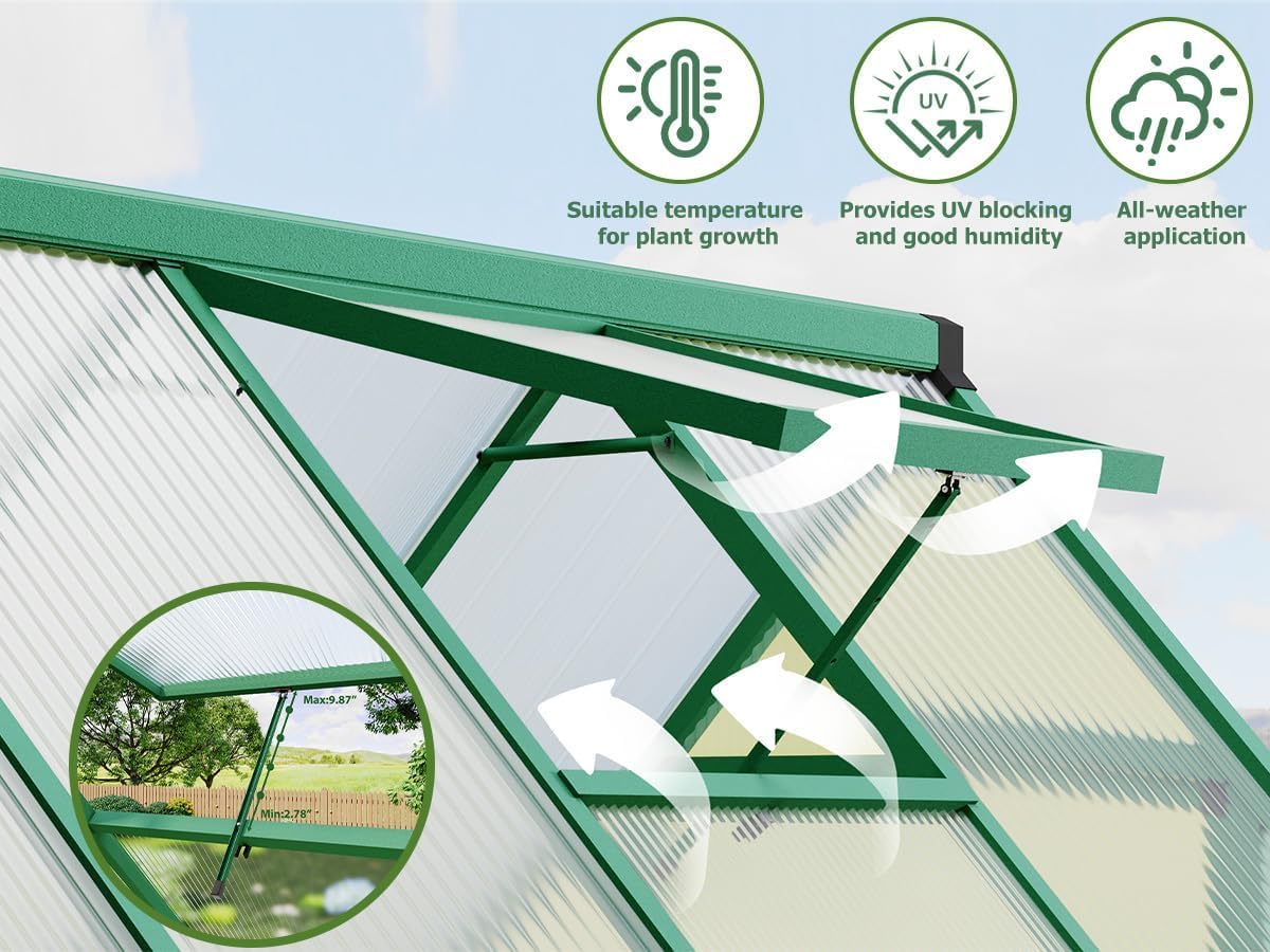 Heavy Duty 6x7 FT Polycarbonate Greenhouse Kit, Reinforced Frame, Lockable Door, UV Protection, Roof Vent, All Weather Small Walk-in Green House for Outdoors, Garden or Patio
