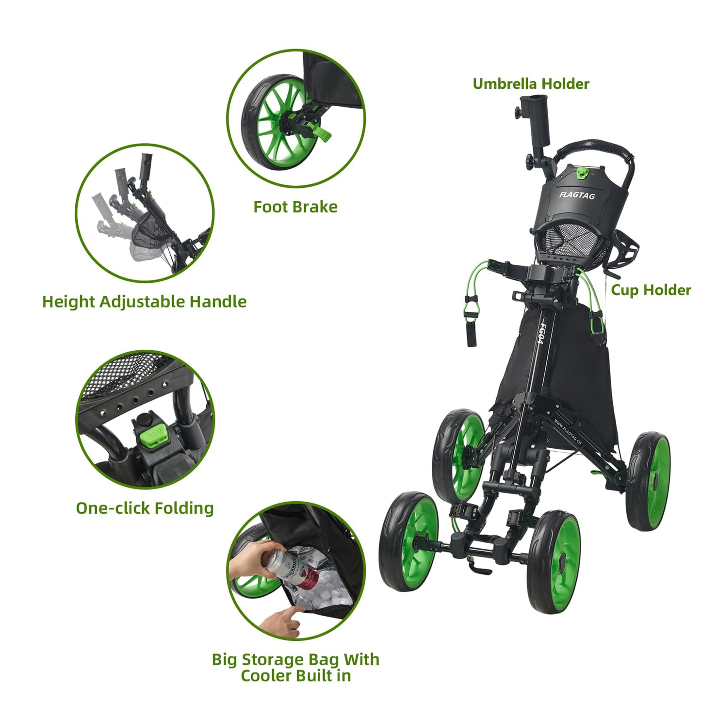 FLAGTAG Golf Push Cart 4-Wheels,Folding Golf Cart, Golf Pull cart with Cup Holder,Umbrella Holder,Cooler Bag, Foldable with one-Click,Handle Height Adjustable,Drink Holder,Walking Push cart