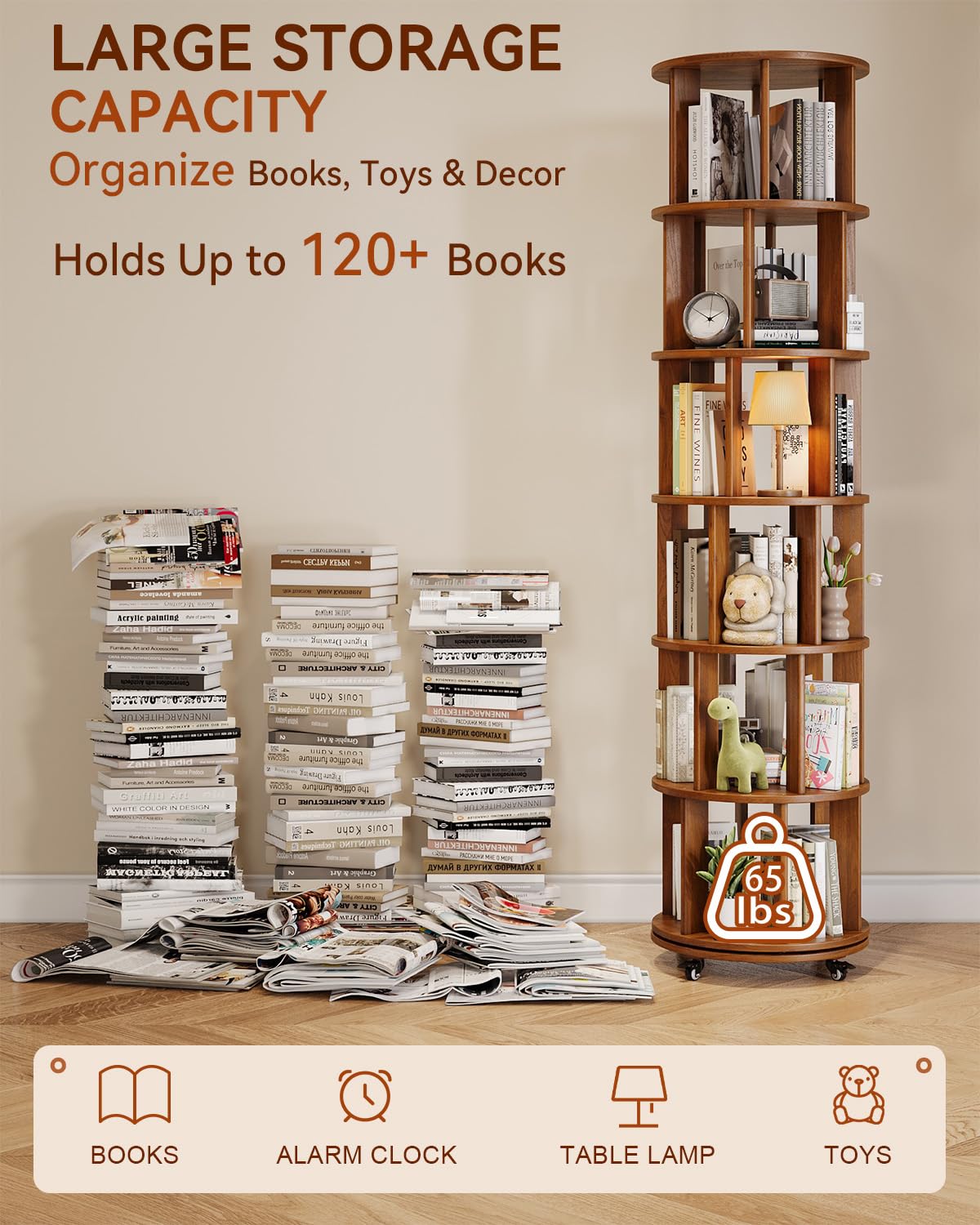 IUNVR Rotating Bookshelf, 6 Tier Solid Wood Bookshelf Tower with Lockable Wheels, 360° Spinning Revolving Bookcase for Small Spaces, Corners, Bedroom, Kids Room, Home Office, Walnut