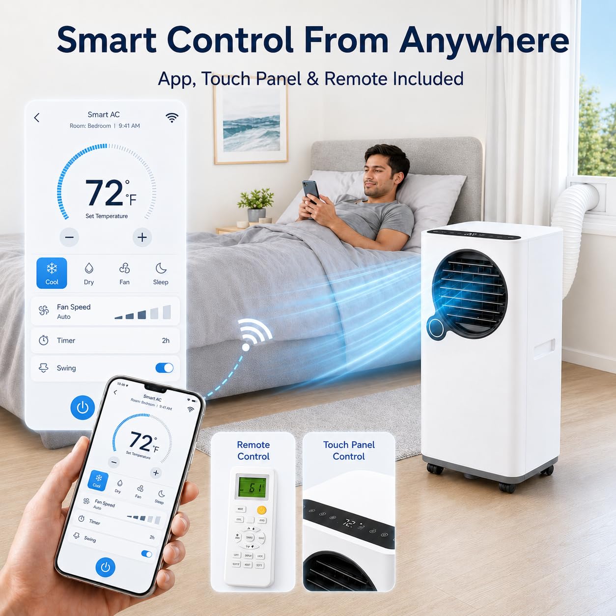 Portable Air Conditioners 16000 BTU 6-in-1 Smart AC Unit with WiFi App for Large Rooms up to 750 Sq. Ft., Quiet 45dB Sleep Mode 24H, Child Lock, Dehumidifier Fan, Perfect for Bedroom Home Office