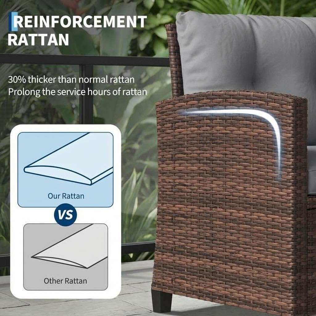 GarveeLife 3 Pieces Patio Furniture Set, PE Rattan Patio Conversation Set with Tempered Glass Tabletop, Outdoor Wicker Chairs and Table Set for Patio Balcony Garden, Brown and Grey