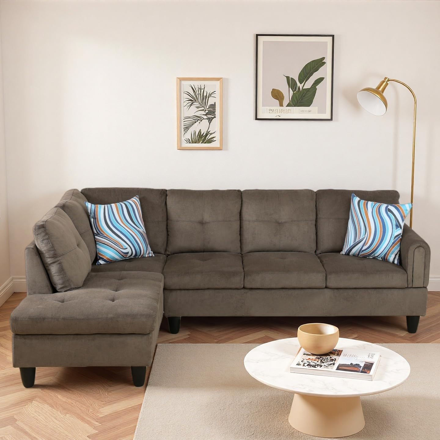 Trygoal Modern L-Shaped Sectional Sofa with Chaise Lounge, 4-Seater Velvet Couch with High-Density Foam Cushions, for Living Room, Apartment, Studio, Easy Assembly, Brown