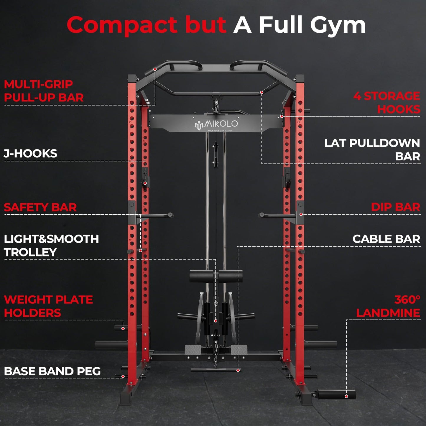 Mikolo F4 2.0 Power Cage with Dual-Track Smooth Pulley System, 1200LBS Power Rack with Leg Hold-Down for Heavy LAT Pulldowns, All-in-One Squat Rack with More Training Attachments for Home Gym (Red)