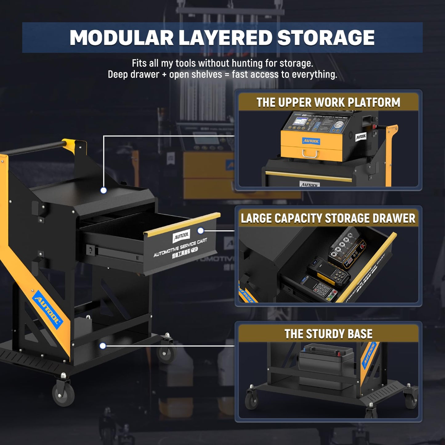 AUTOOL Heavy-Duty Modular Service Cart – 360° Swivel Casters, Large Storage Drawer & Corrosion-Resistant Steel for Automotive Workshops T21 (T21)