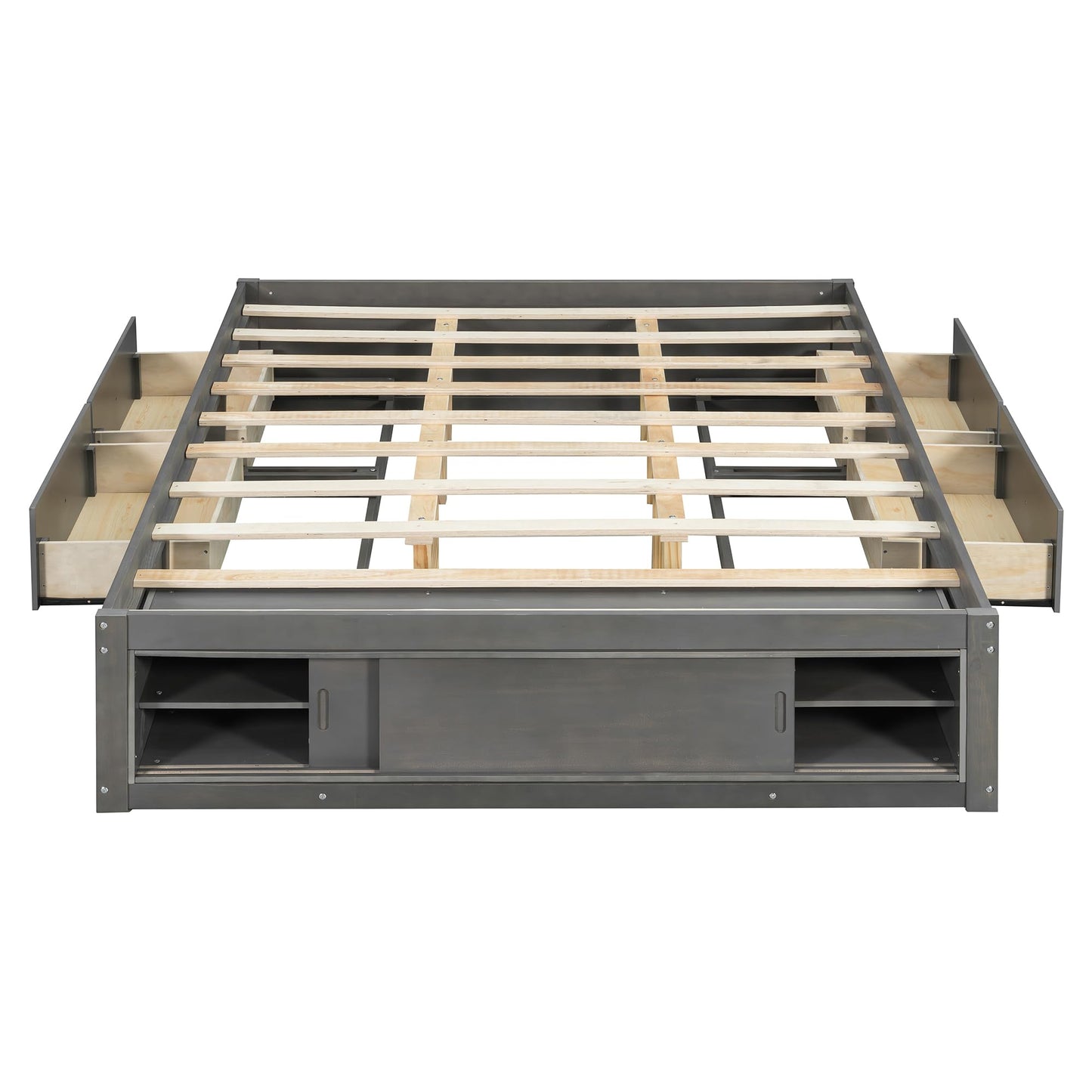 Merax Queen Size Wood Platform Bed with 4 Underbed Drawers and Footboard Storage Cubby, Minimalism Bed Frame with Solid Wooden Slat Support for Bedroom, No Box Spring Needed, Easy Assembly, Gray