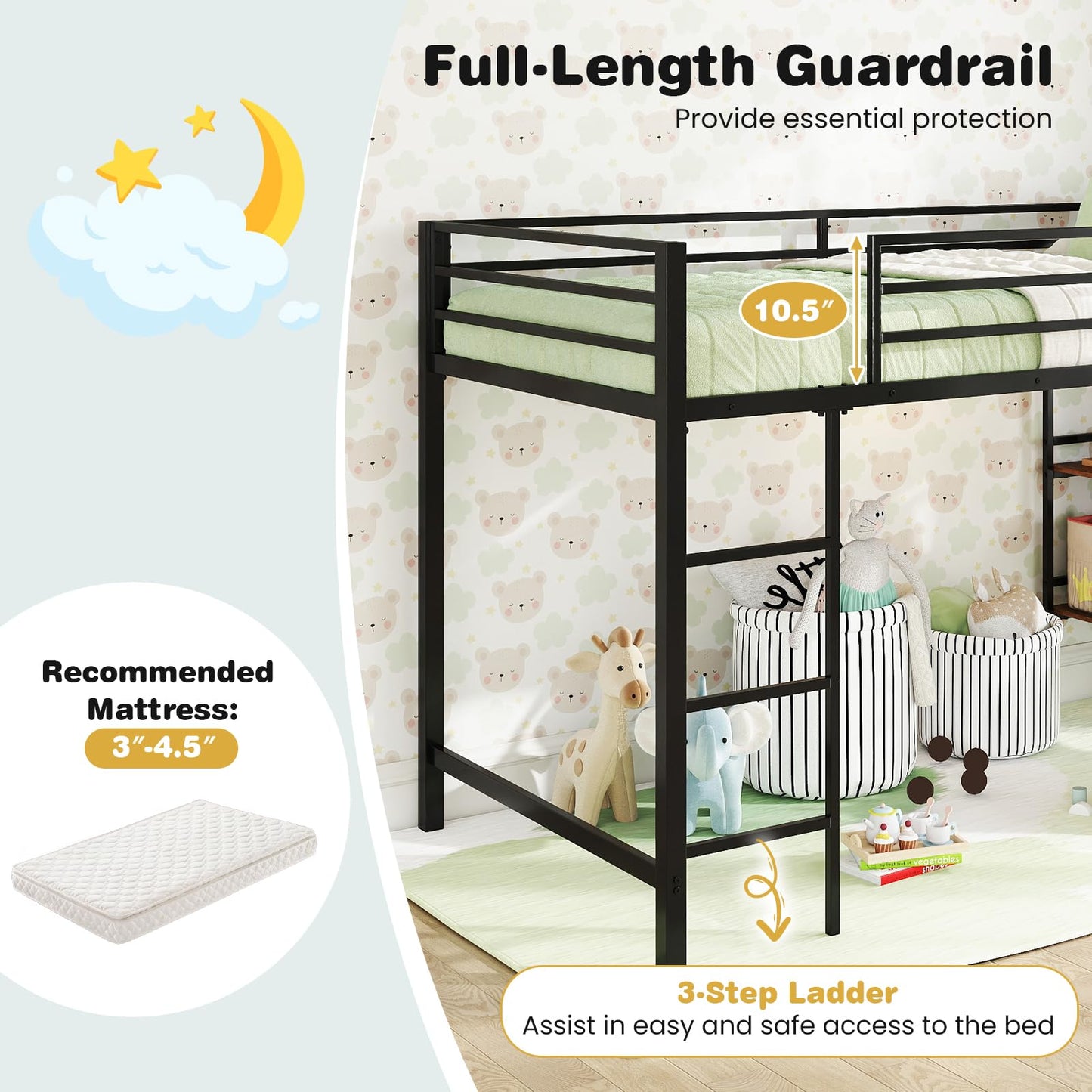 KOMFOTT Twin Size Metal Loft Bed w/Storage Shelves, Heavy Duty Metal Bed Frame w/Safety Guardrails & Ladder, Space-Saving Low Loft Bed for Kids Junior, Under-Bed Space, No Box Spring Needed (Black)
