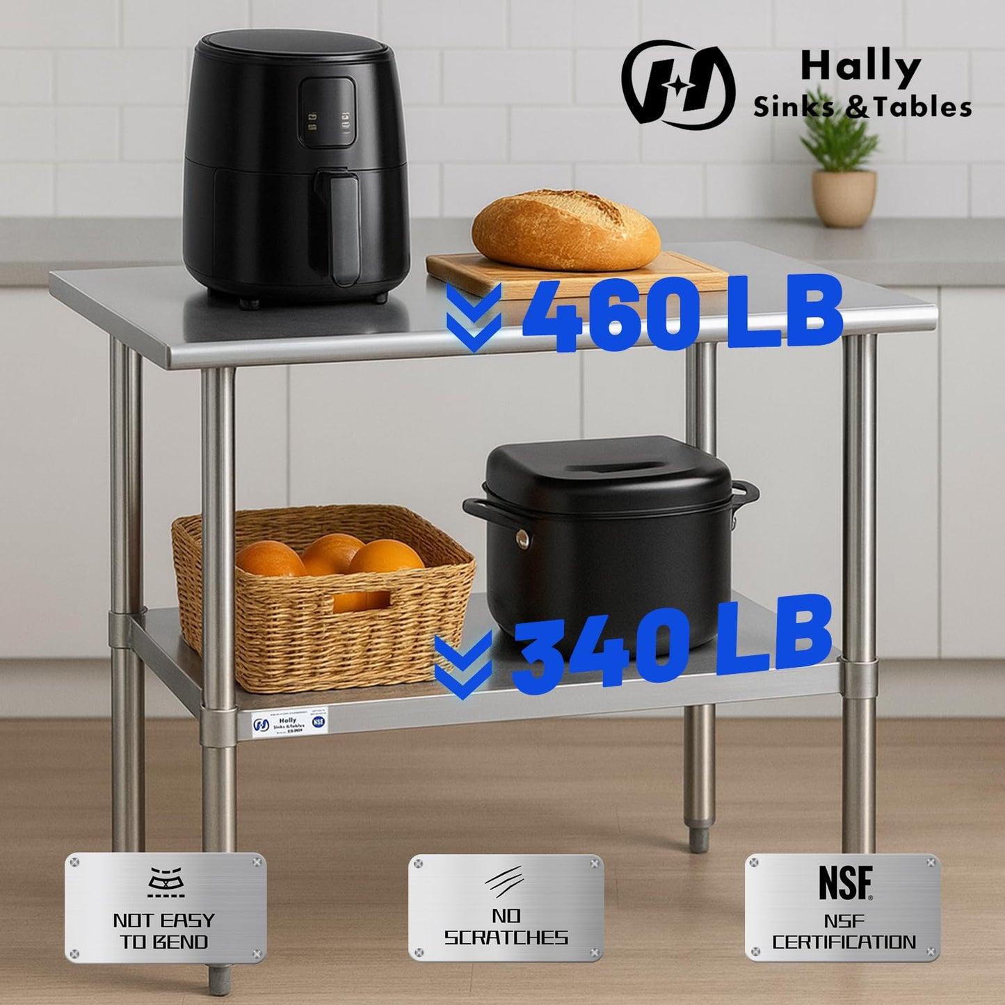 Hally Stainless Steel Table for Prep & Work 24 x 48 Inches, NSF Commercial Heavy Duty Table with Undershelf and Galvanized Legs for Restaurant, Home and Hotel