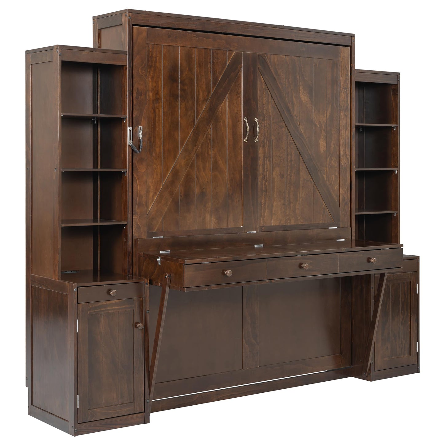 Merax Murphy Bed with Desk, Storage Cabinets and Drawers, Wood Wall Bed with Shelves, Convert to Cabinet, Space-Saving, Queen Size, Dark Brown