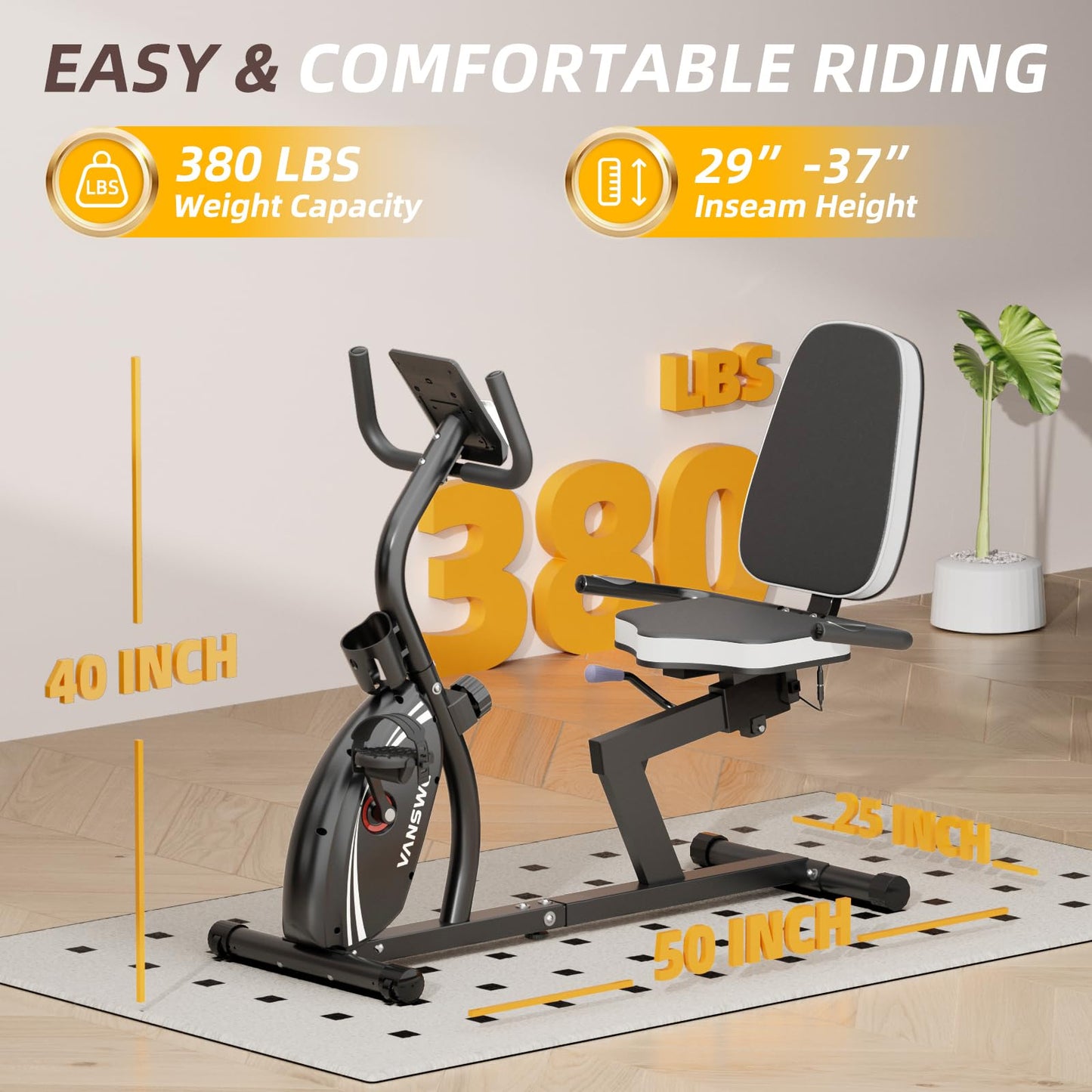 VANSWE Recumbent Exercise Bike for Seniors & Adults, 380 LBS Weight Capacity Stationary Bike for Home with 16-Level Magnetic Resistance, Bluetooth App Connectivity, Adjustable Seat & Pulse Sensor