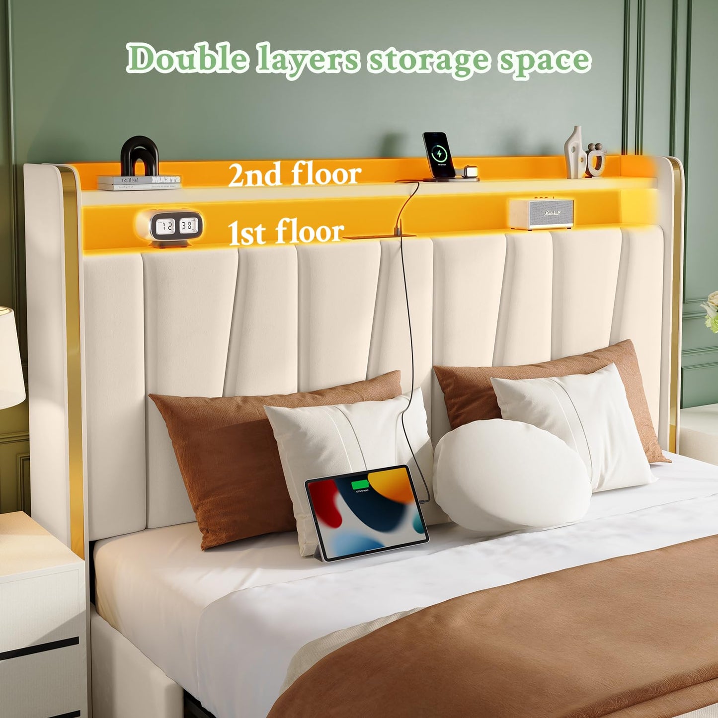 koorlian Queen Upholstered Bed Frame with 2-Tier Storage Headboard and 4 Dustproof Drawers, 51" Tall Platform Bed Frame with Adjustable Headboard, LED Lights, Charging Station, Easy Assembly, Beige
