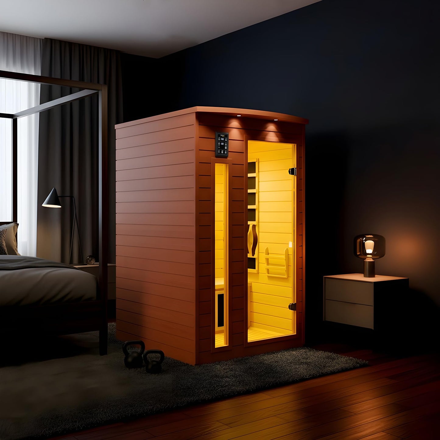 SaunaSpa Indoor 2-Person Infrared Sauna Room | Canadian Hemlock Wood Cabin Sauna with Low EMF Infrared Heating Panels, Bluetooth Audio, Tempered Glass Door, and Backrest with Chromotherapy Lighting
