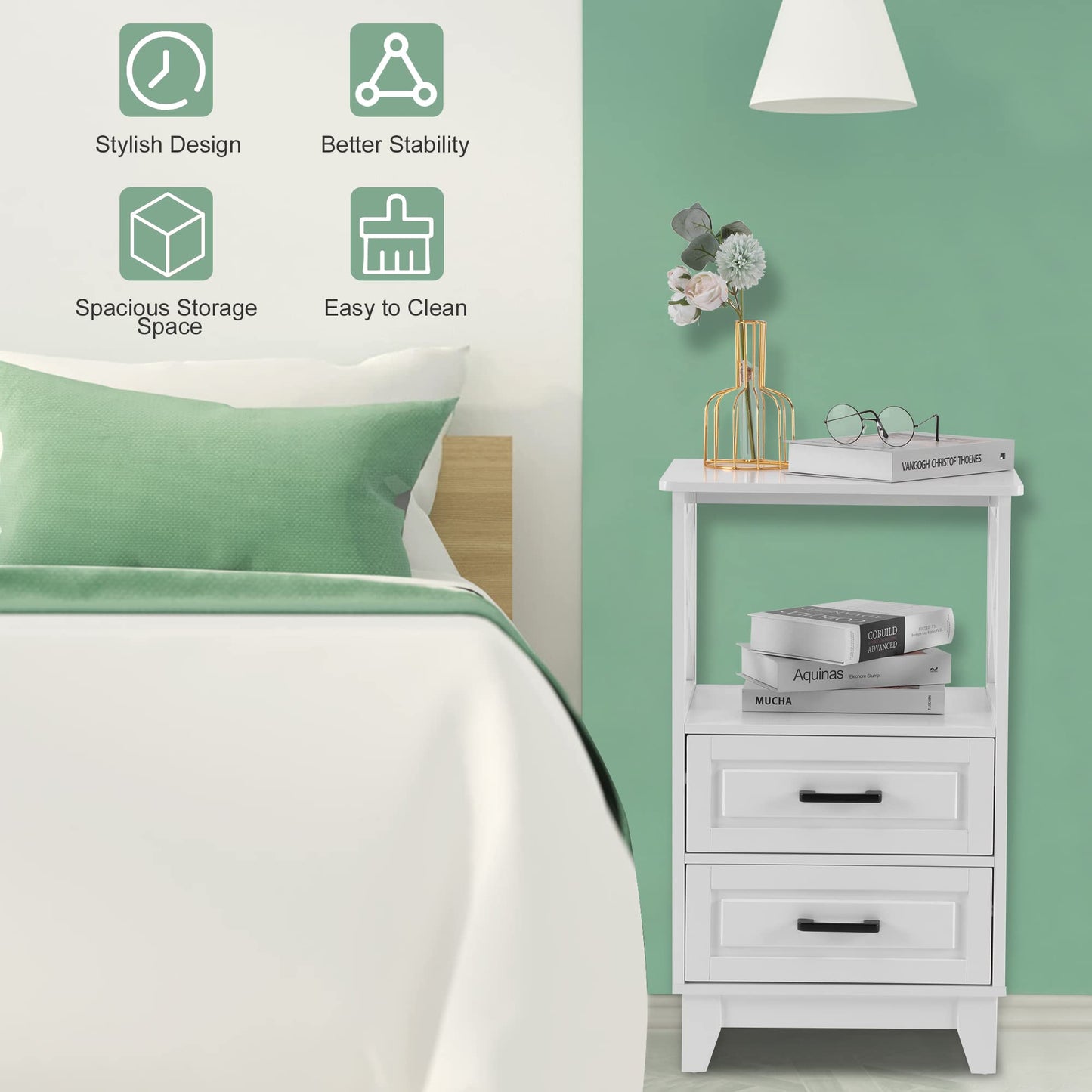 White Nightstand with 2 Storage Drawers Cabinet, Tall End Table with Wooden X-Design for Bedroom,Living Room, White