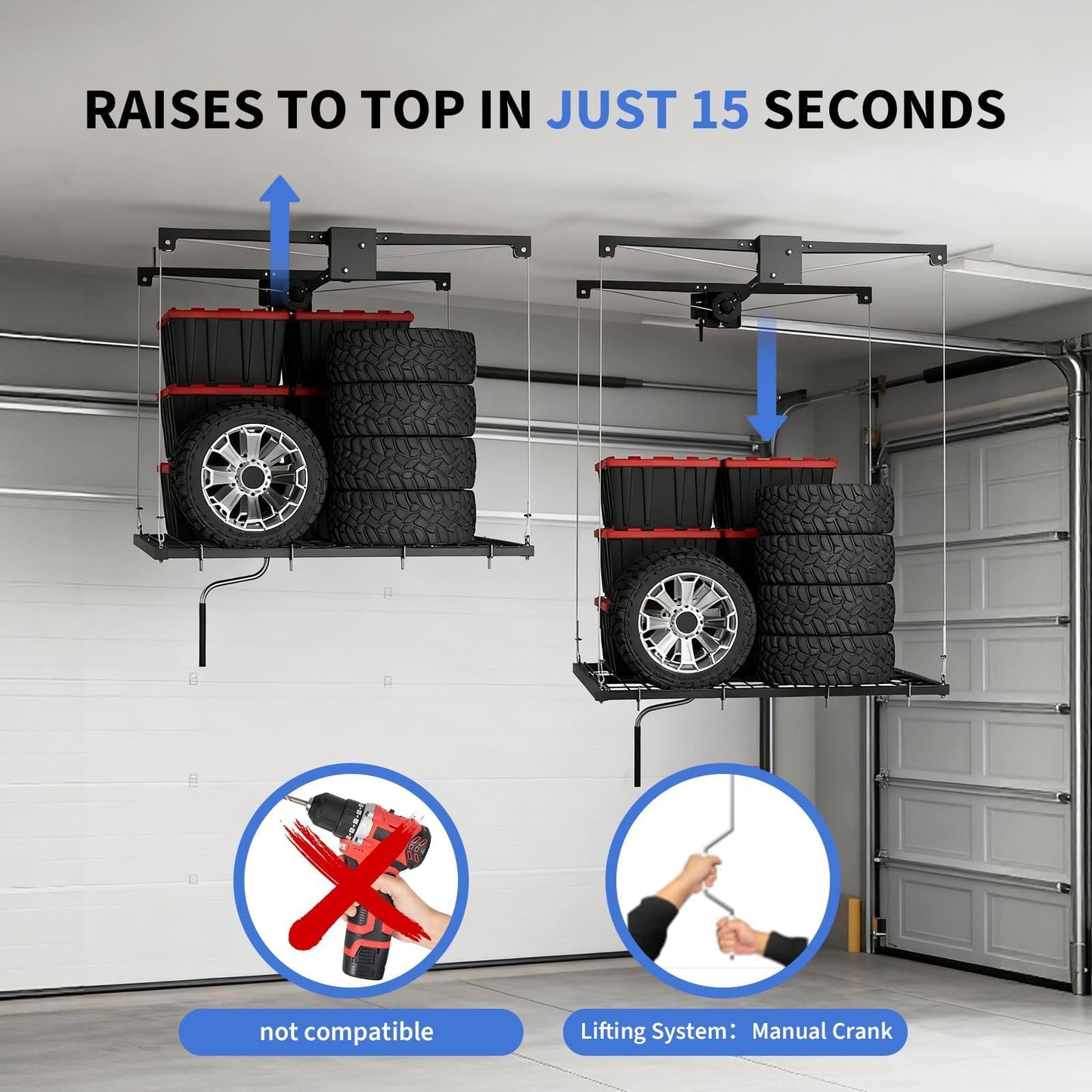 EliteEdge 4x4 FT Overhead Garage Ceiling Storage Rack, 350 LBS Heavy-Duty Lift Elevator System with Smooth Hand Crank, Space-Saving Hoist Organization for Bins, Tools & Seasonal Gear