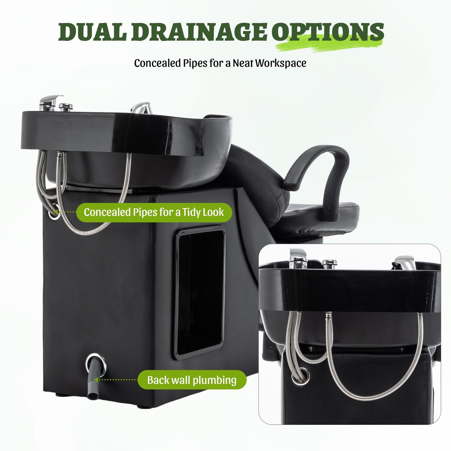 Shampoo Bowl and Chair Set for Salon, Hair Washing Backwash Shampoo Station Unit with ABS Sink & PU Leather Chair, Shampoo Bowl Sink Chair with Side Storage for Spa Barbershop Beauty, Black (Small)