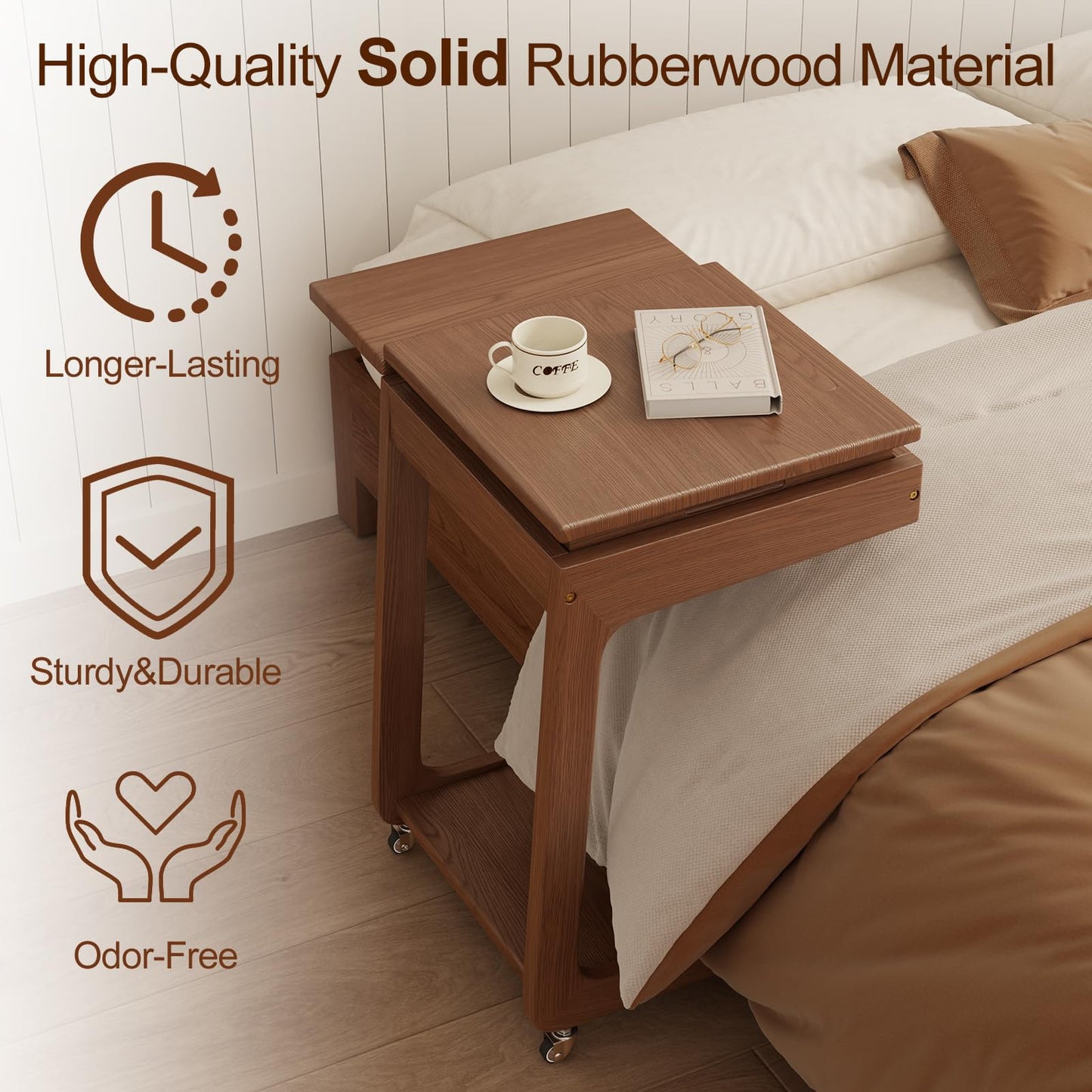 Solid Wood C Shaped End Table for Couch,Walnut C Table with Wheels,Rolling Side Table with Storage,Couch Desk with Adjustable Desktop,Rolling Tv Tray with Folding Shelf,Modern Couch Table