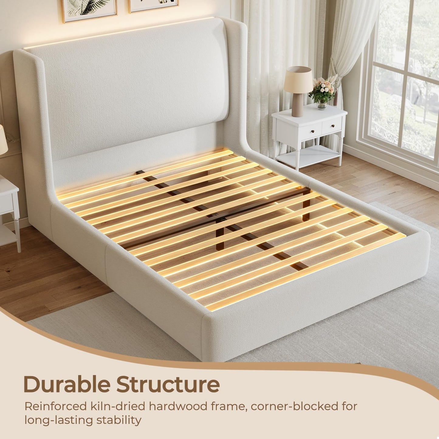 Hizyrina Queen Size Upholstered Bed Frame with 47" Wingback Headboard & LED Lights, Chenille Platform Bedframe with Wooden Slat Support, Non-Slip/Noise-Free/No Box Spring Needed/Easy Assembly, White
