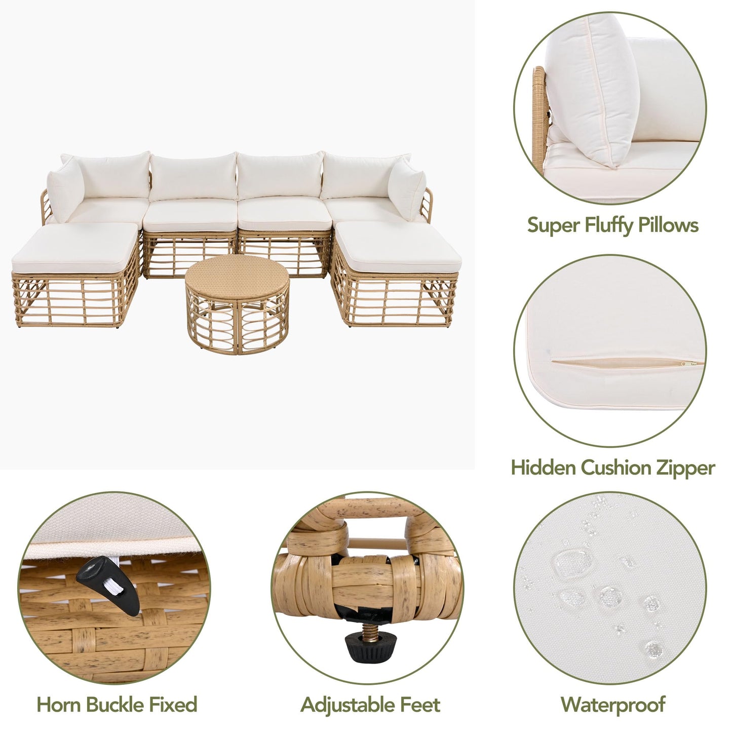Merax 7 Pieces Rattan Outdoor Patio Furniture Set, All-Weather Sectional Sofa Set with Thick Cushions and Pillows, Freely Combined Conversation Sets for Garden Backyard Balcony (Beige)