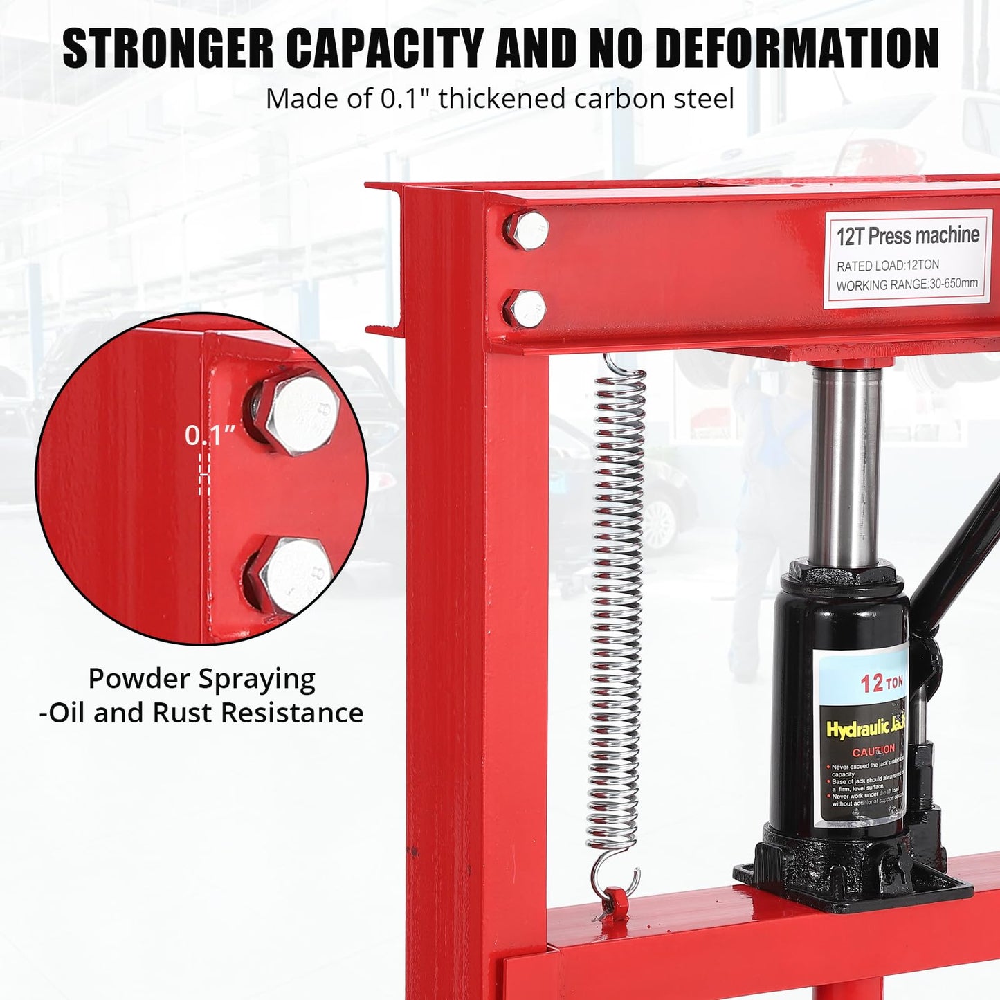 12T Hydraulic Press, Heavy Duty H-Frame Garage Floor Hydraulic Shop Press with 2 Press Plates, Adjustable Working Table Height, for Auto Repair, Red