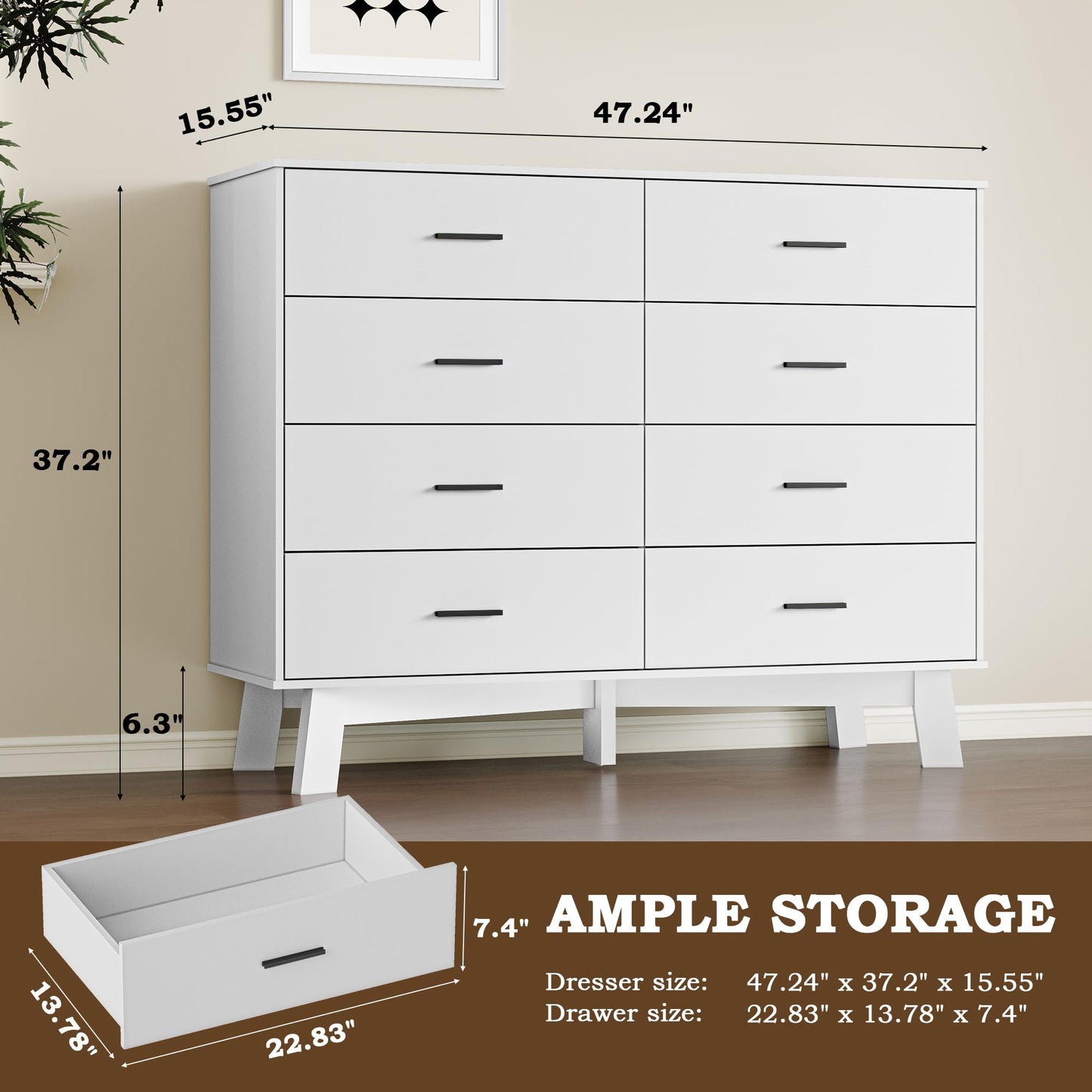BORNOON Dresser for Bedroom with 8-Drawer, 37" Tall Modern Chest of Drawers with Metal Handles, X-Shape Base & Adjustable Center Leg, Anti-Tip Closet Organizers and Storage