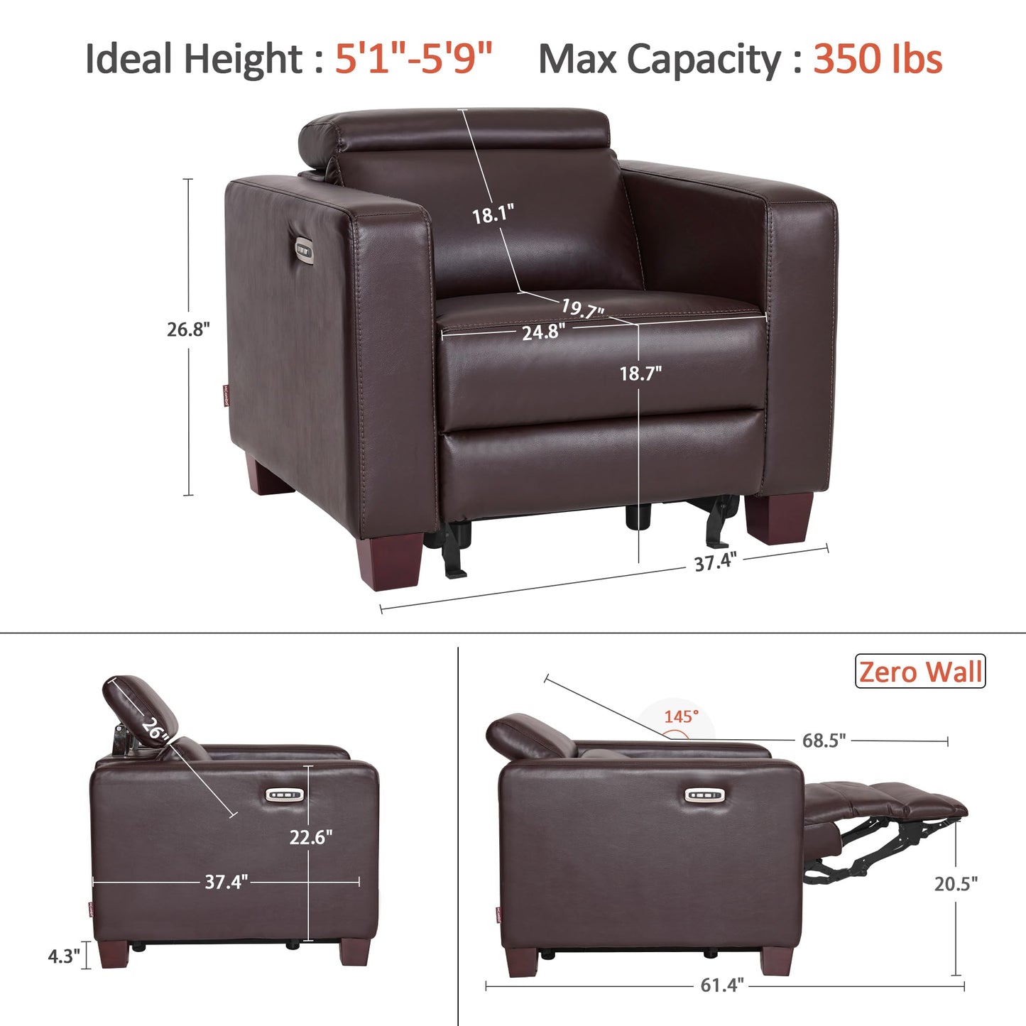 MCombo Zero Wall Recliner Chair, Wall Hugger Power Recliner Chair with Adjustable Headrest, High Wood Leg, USB & Type C Dual Charge Ports, for Living Room, Small Spaces, HL128 (Faux Leather, Brown)