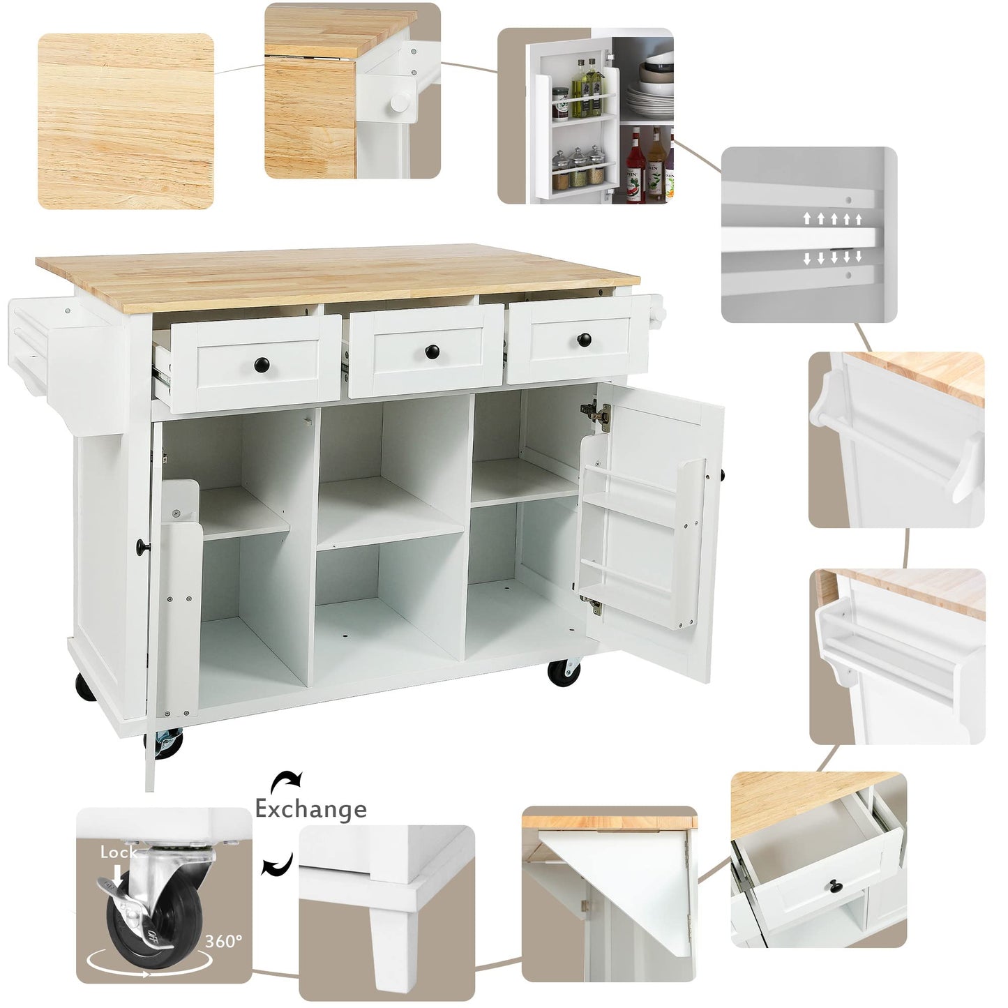 Merax Rolling Mobile Kitchen Island Cart Breakfast Bar with Wood Top, Door Internal Storage Racks, 3 Drawers and 5 Wheels for Dining Room