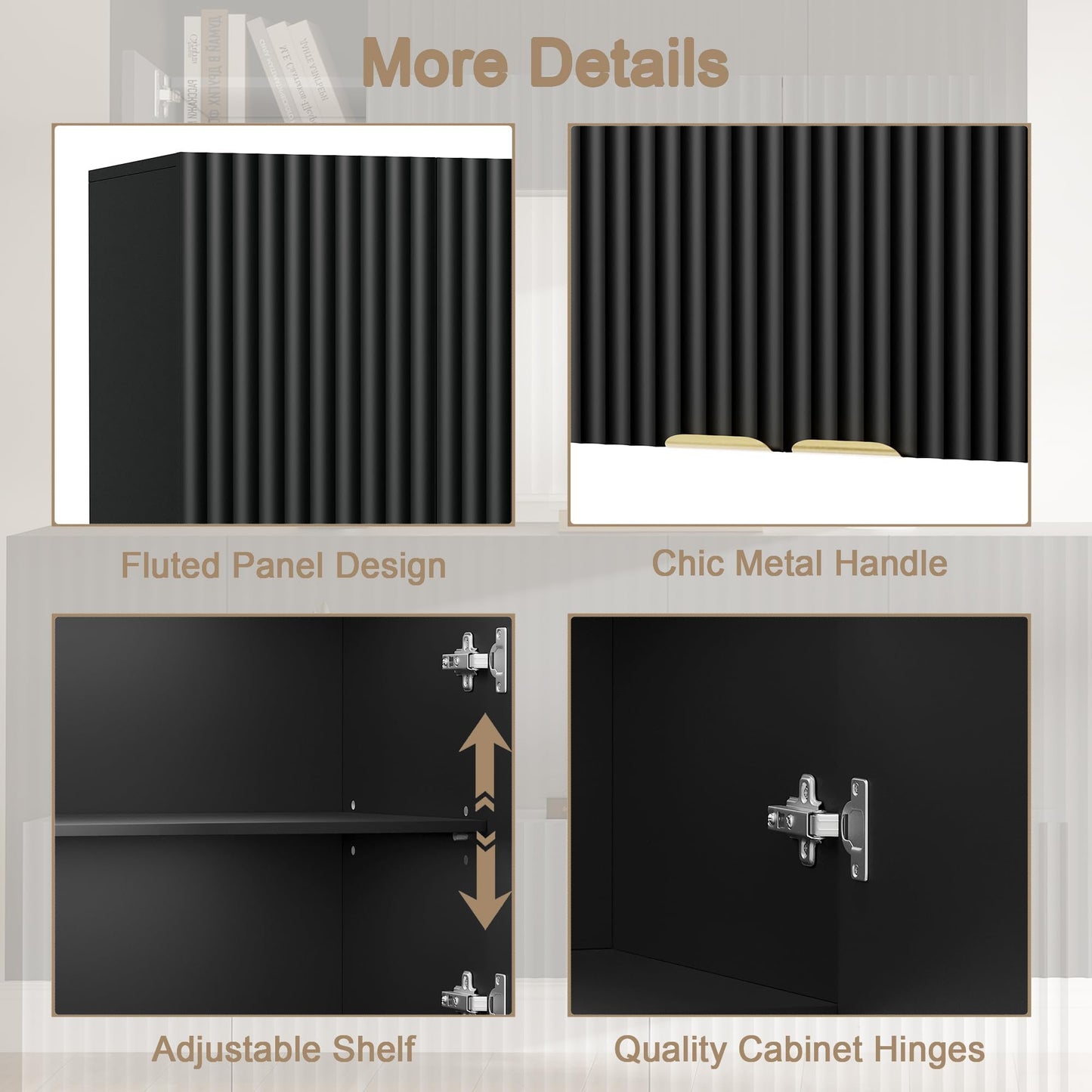 ChooChoo 4 Doors Wall Cabinet Laundry Room, Bathroom Wall Cabinet with Adjustable Shelf, Fluted Wall-Mounted Medicine Cabinet, Storage Cabinet for Kitchen, Garage, Black