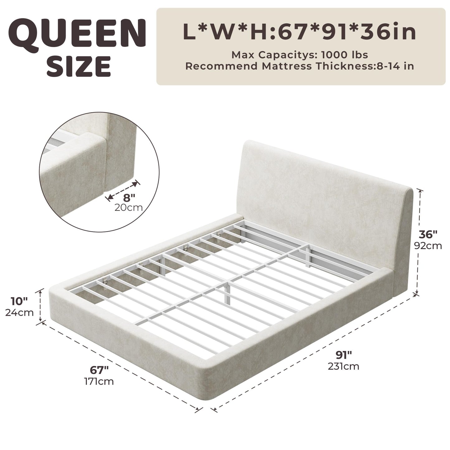 RECCI AirFrame Queen Bed Frame with Ergonomic Angled Headboard, 360° Cushioned Platform Bed Frame, Low Profile Minimalist Soft-Frame Bed, No Box Spring Needed, Easy Assembly, Beige Chenille