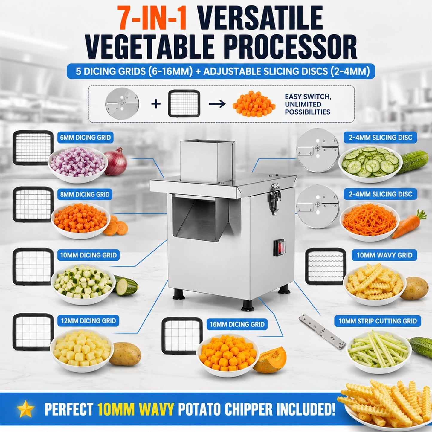 Commercial Vegetable Chopper Electric, Heavy Duty Stainless Steel Food Dicer Machine, Automatic Potato Chipper & Onion Cube Cutter with 5 Grid Blades for Restaurant Catering
