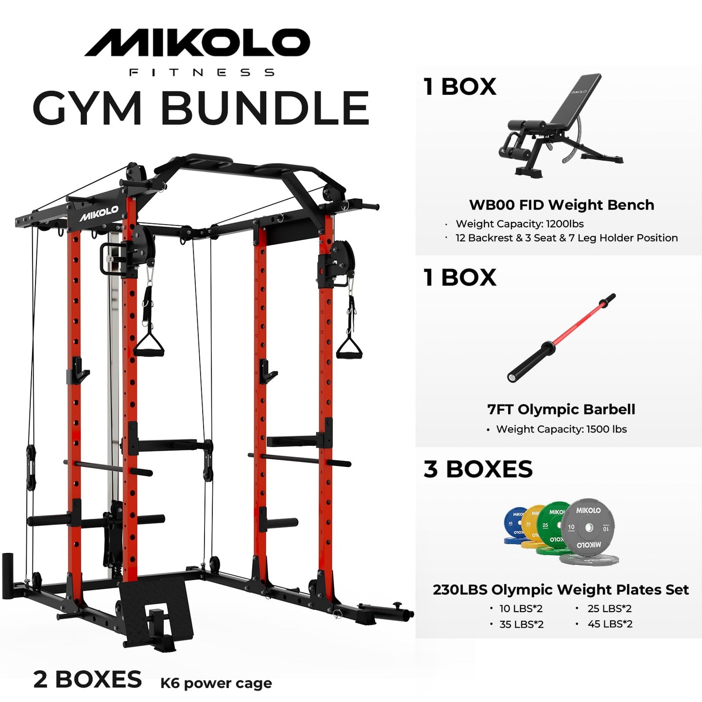 Mikolo K6 Power Cage, Power Rack with Cable Crossover System, Home Gym Packages with Weight Bench, Olympic Barbell, 230b Weight Set-Red