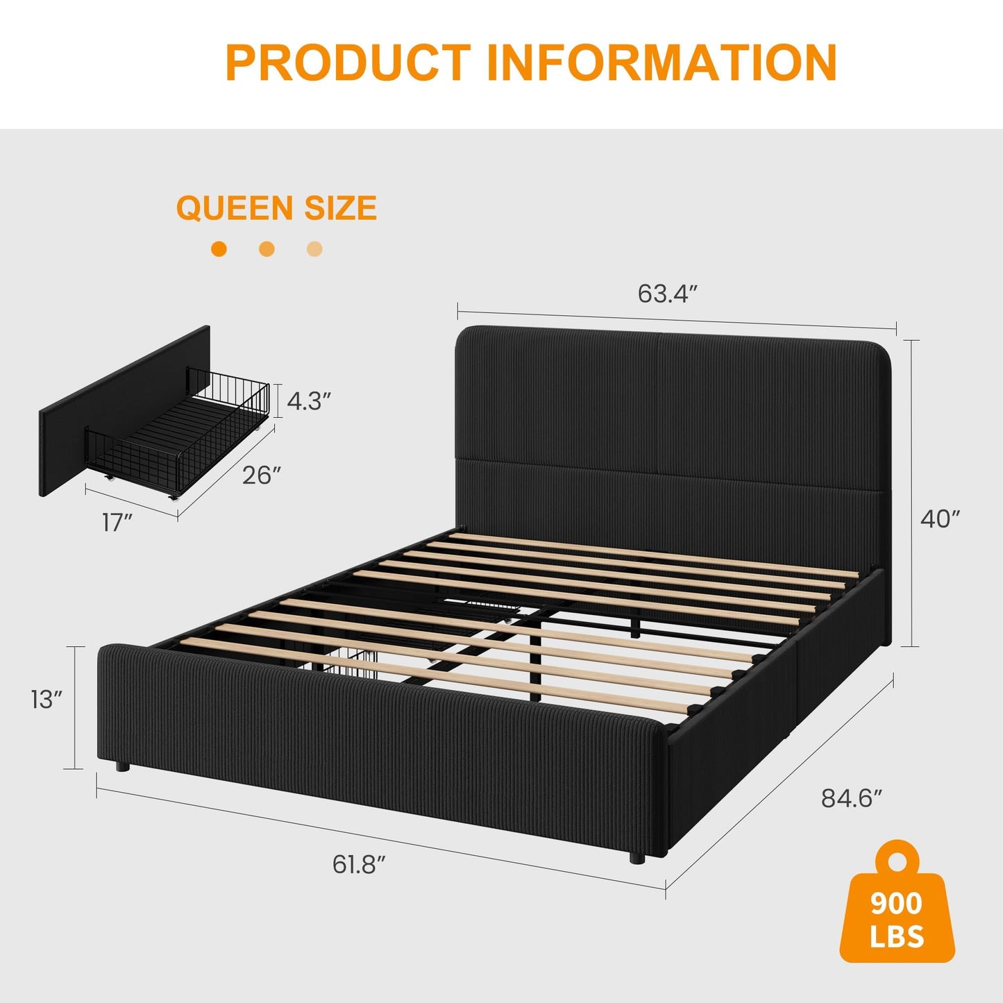 IDEALHOUSE Full Size Platform Bed Frame with Storage Drawers, Upholstered Bed, PU Leather, No Box Spring Needed, Easy Assembly, Modern Bedroom, Black