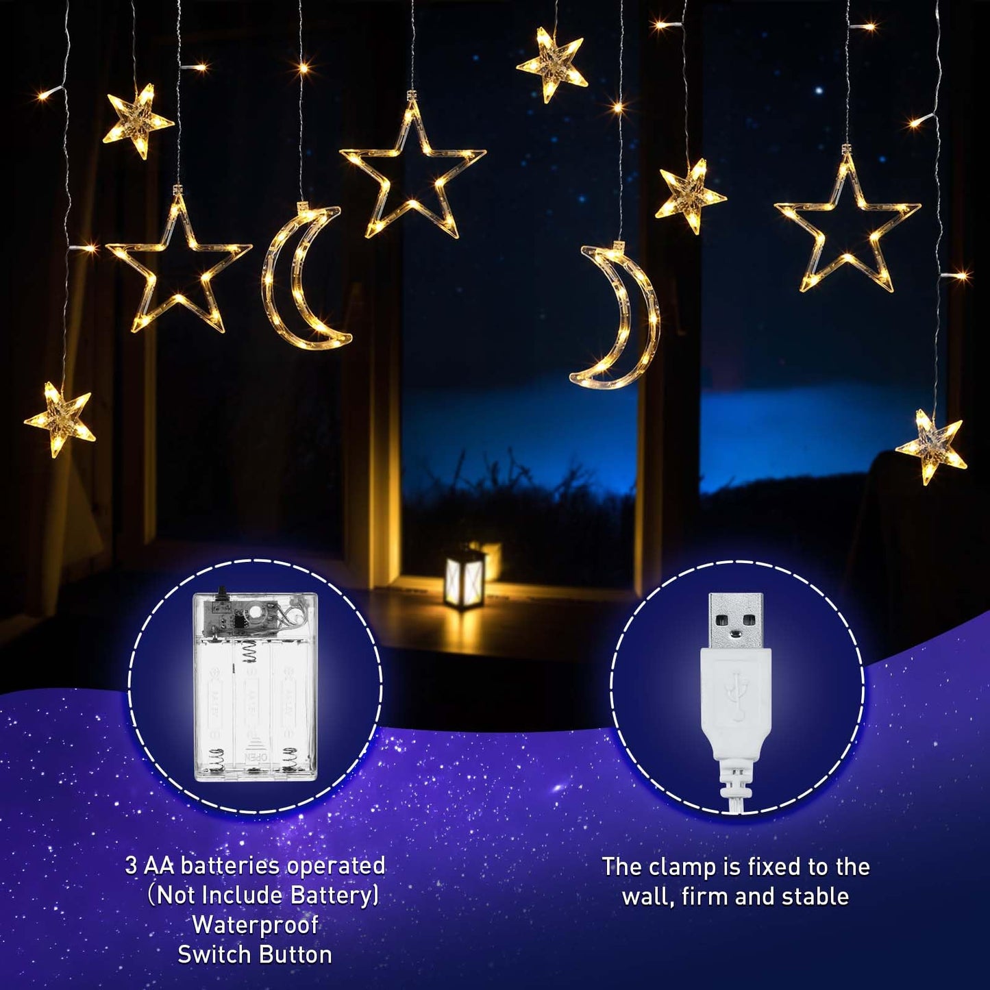 Riakrum 11.48 ft LED Star and Moon String Lights, Warm White, USB Powered, Waterproof, Model Riakrum-String Lights-073