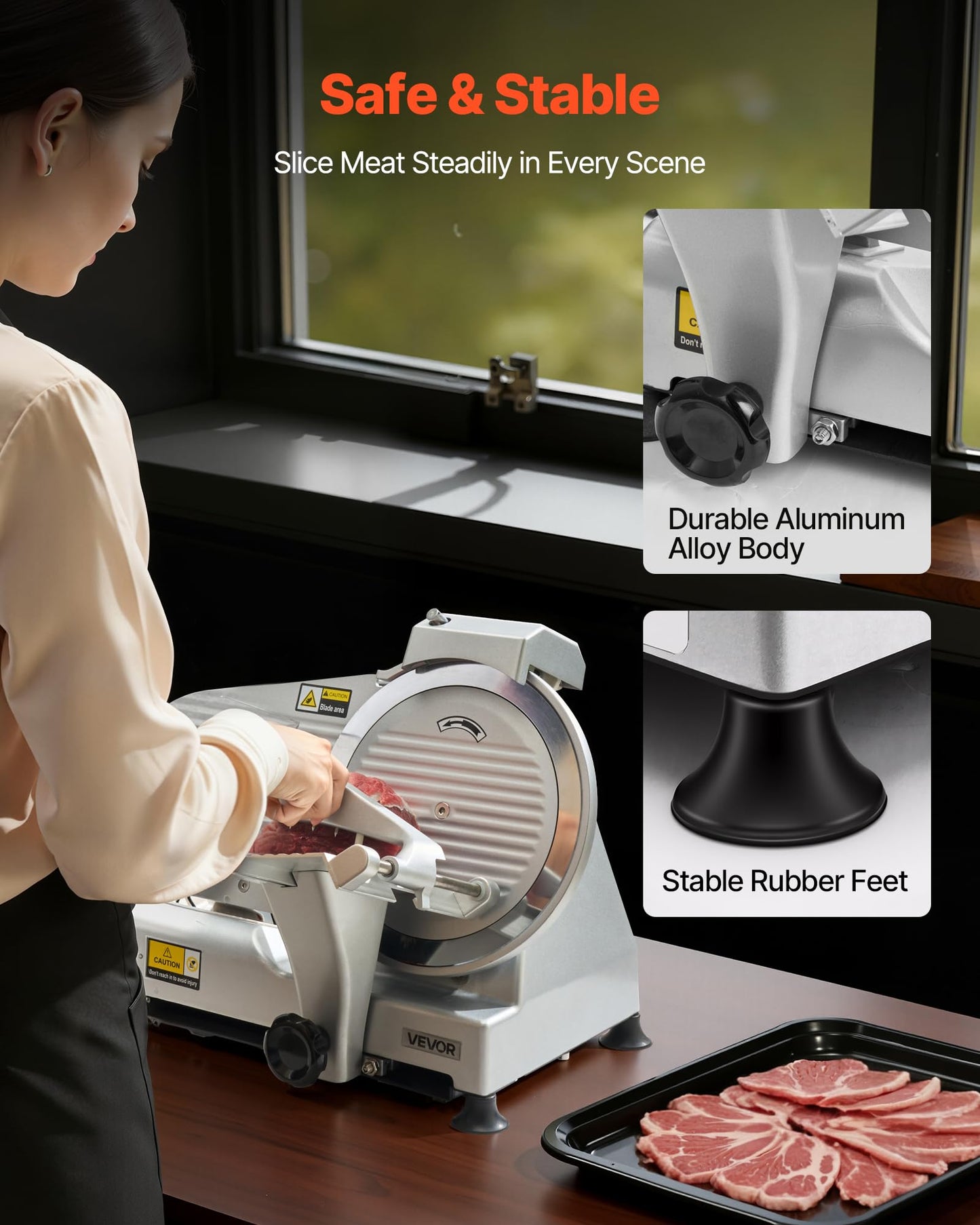 VEVOR Commercial Meat Slicer, 320W Electric Deli Slicer Machine with 10 inch SUS420 Blade, 0-0.4 inch Adjustable Thickness, for Frozen Meat, Ham, Baguett, Steak