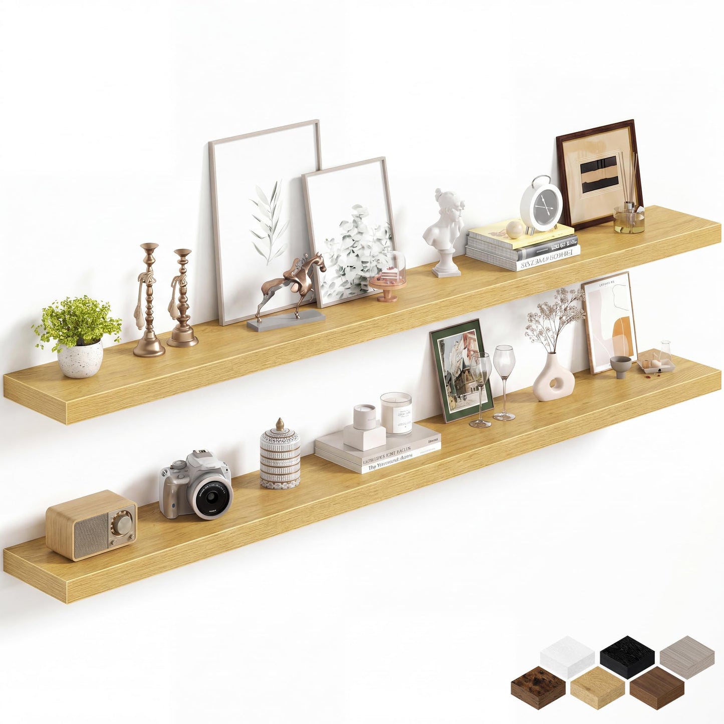 Fun Memories 72Inch Long Floating Shelves, 8 Inch Deep Shelves for Bedroom|Living Room, Wall Mounted Wood Hanging Shelf with Invisible Brackets for Fireplace Mantel Home Storage Decor, Oak - 2 Pack