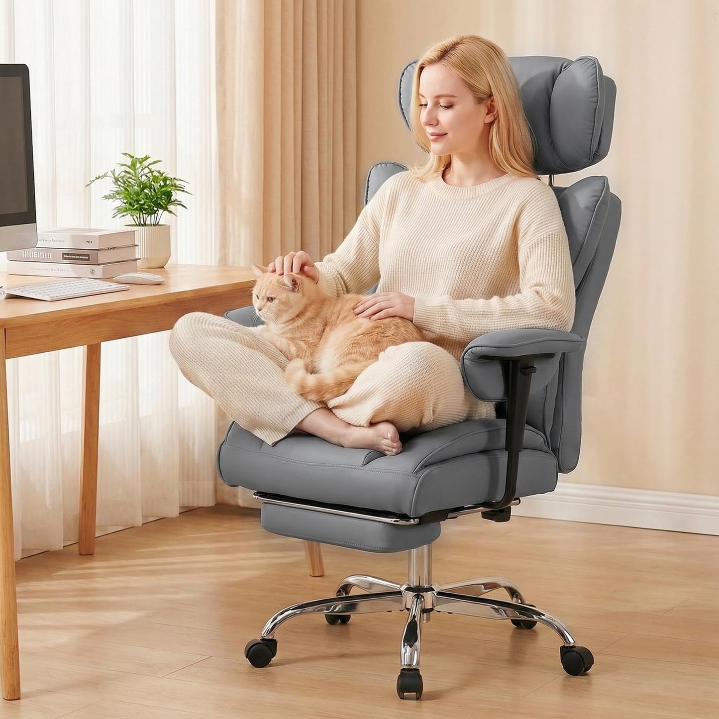 DUMOS Big and Tall Home Office Desk Chair, Gaming Computer Chair, Executive Ergonomic Chair with Footrest, High Back Reclining, Adjustable Armrests and Comfy Lumbar Support, PU Leather, Grey