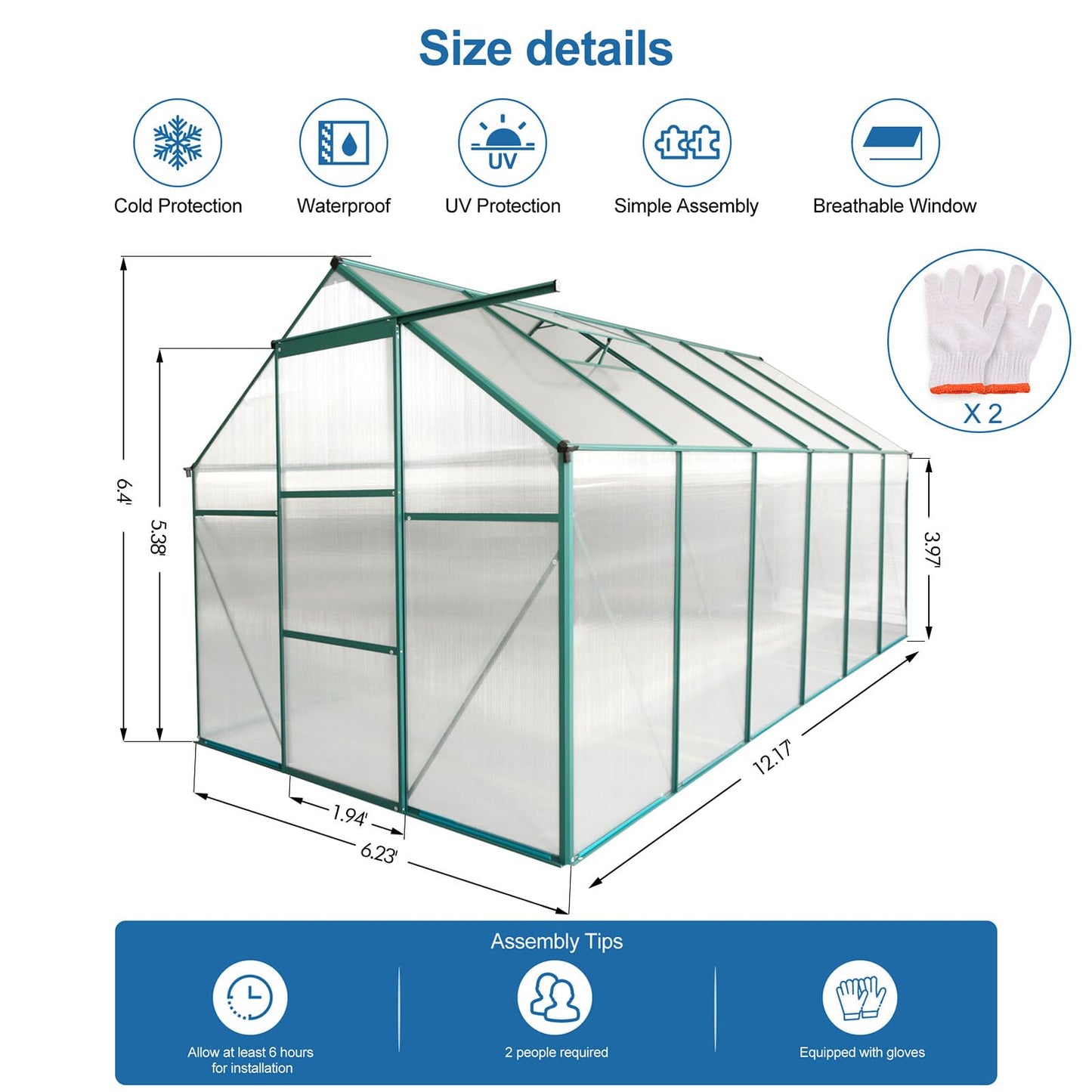 Acosure 6x12 FT Greenhouse Outdoor Polycarbonate Hot House,Garden Plants Houses with Raised Base,Sliding Door and Adjustable Vent Roof for Patio,Easy to Install,Green