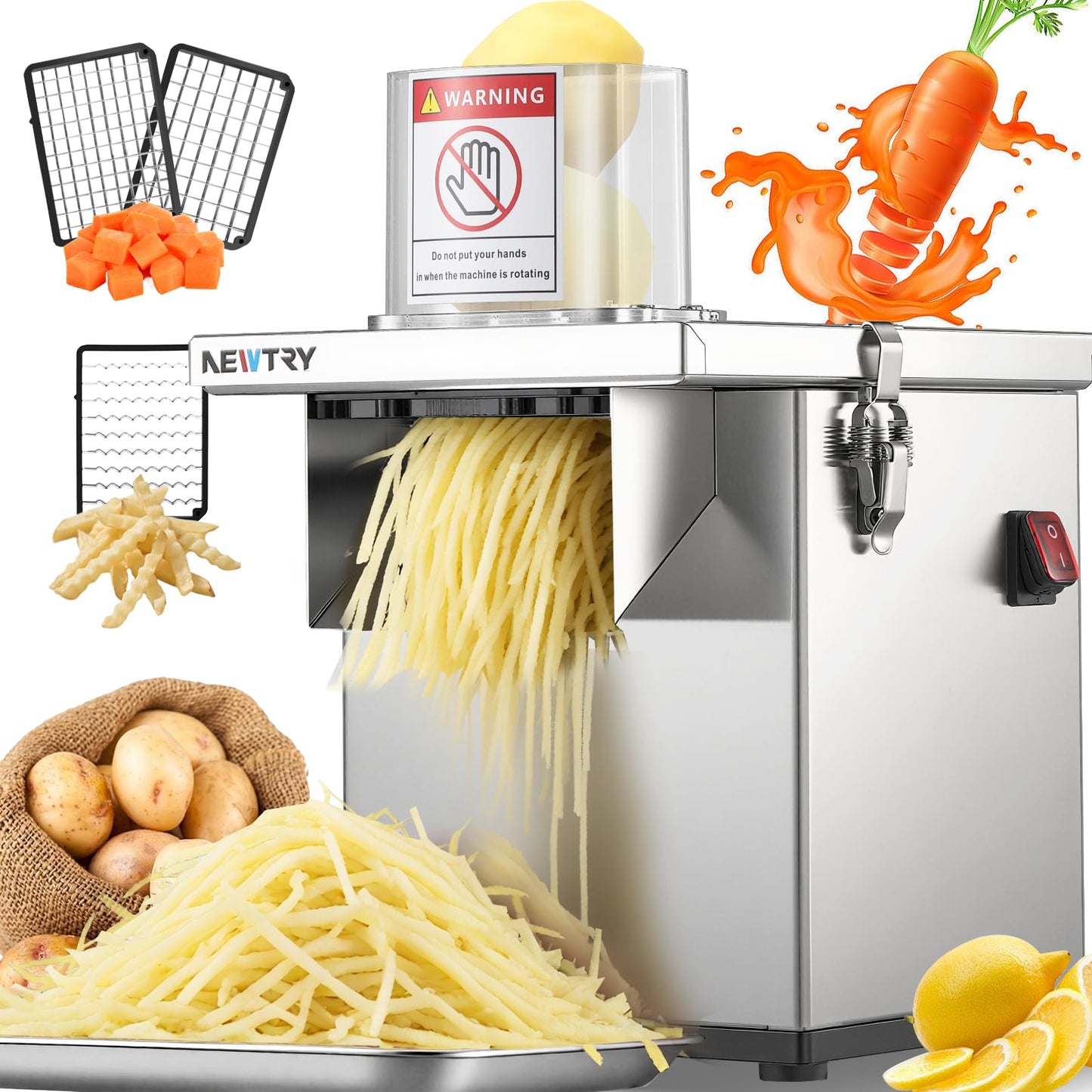 NEWTRY 4 in 1 Commercial Vegetable Processor Electric Veggie Fruit Slicer Dicer Shredder & Strip Crinkle Cutter All Stainless Steel 110volt 200W