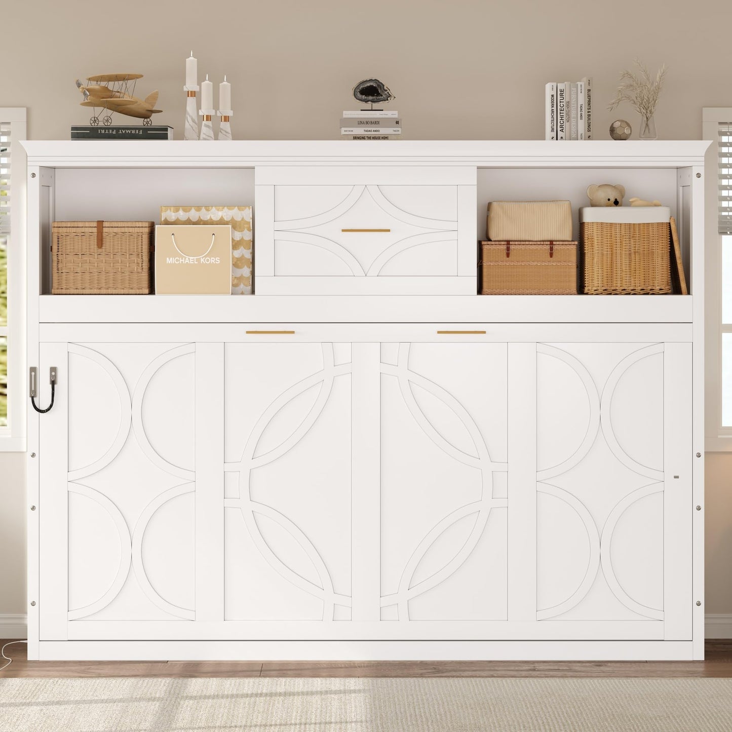 MERITLINE Twin Horizontal Murphy Bed with Storage Bookcase Shelves & Drawer and Charging Station,Solid Wood Farmhouse Murphy Wall Bed with Storage, Slat Support (White)
