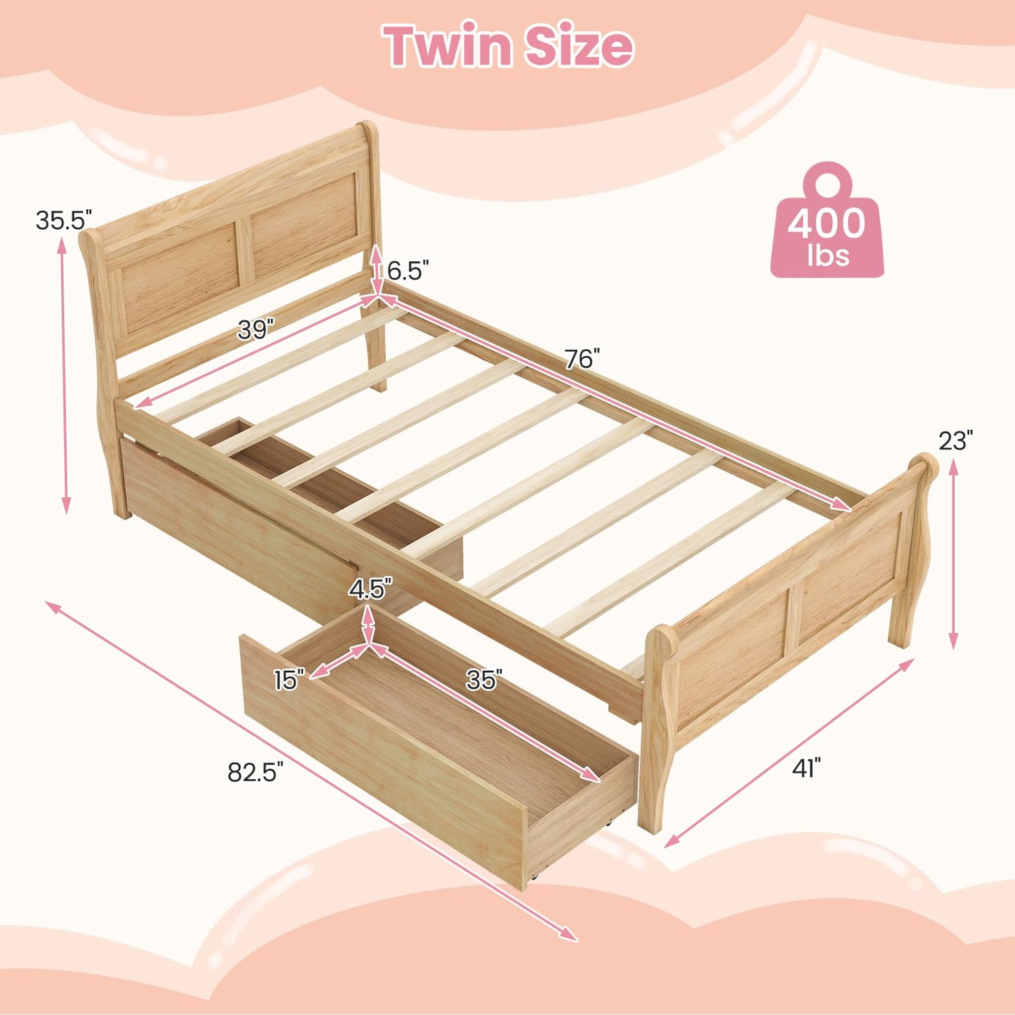 KOMFOTT Twin Size Bed Frame with 2 Storage Drawers, Wood Platform Bed with Headboard & Footboard, Twin Storage Bed with Wooden Slats Support for Kids, Teens, Adults, No Box Spring Needed, Natural