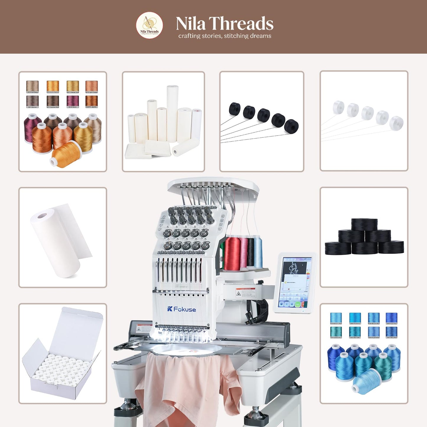Fokuse brand FKS-1001 Commercial Embroidery Machine with 10 needle, Embroidery Area 14.2"x9.5", 1200SPM Max Speed, 7" Touch Screen, suitable for T-shirt, Hat, Flat, Bag and more