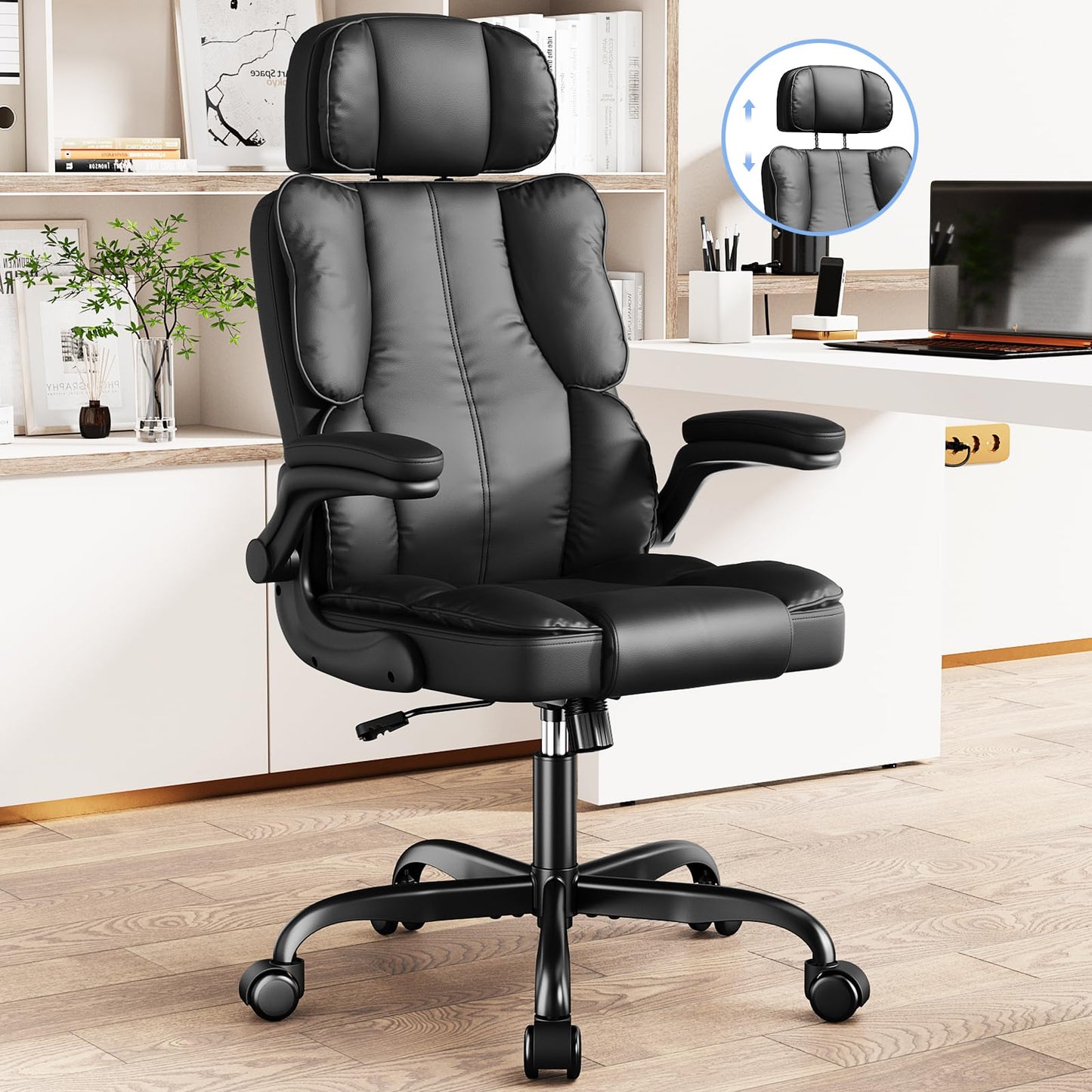 Kensaker Office Chair with Adjustable Headrest & Lumbar Support for for Lower Back Pain Relief, Executive PU Leather Chairs Comfy with Double Padding & 135° Rocking for Home Office, Black